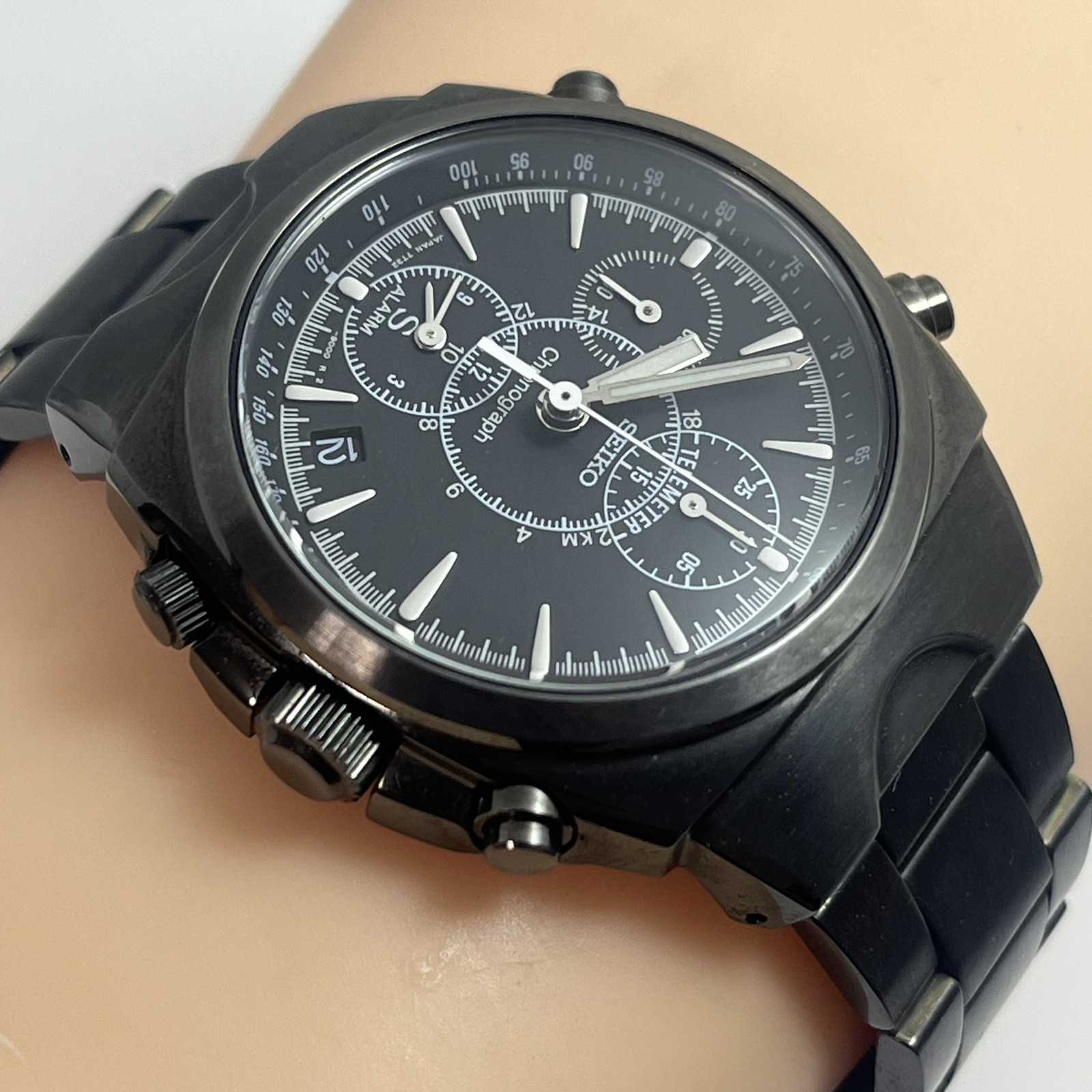 Seiko SUS Black Alarm Chronograph 7T32-9000 Quartz Japan Date Vintage Rare #743B