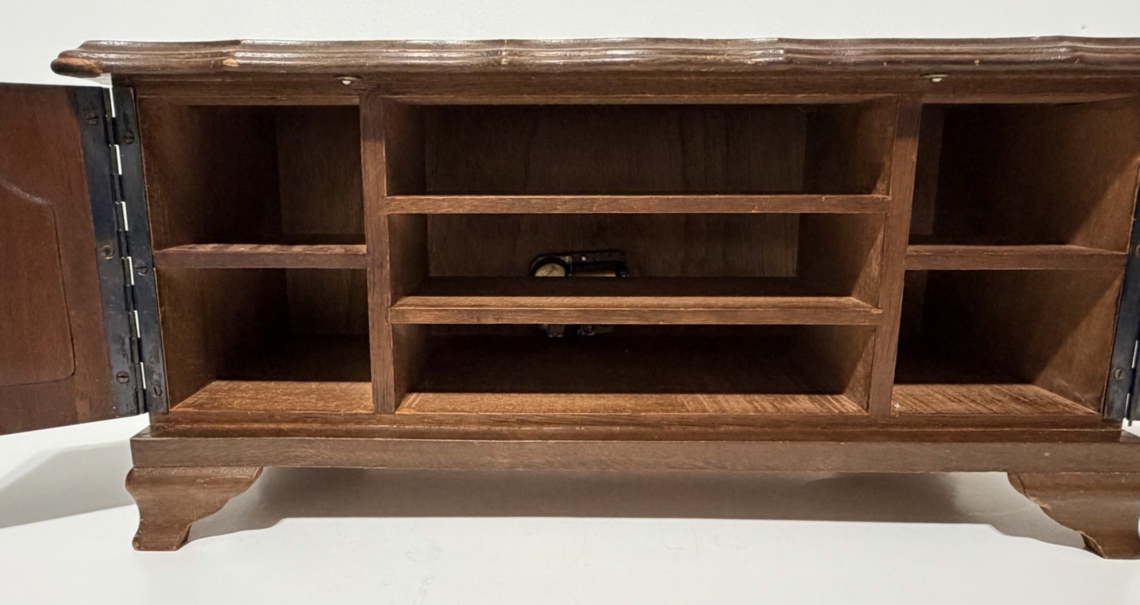 Vintage Wood Jewelry Box Blue Velvet Lined Plays Music Table Top 7 Drawers Doors