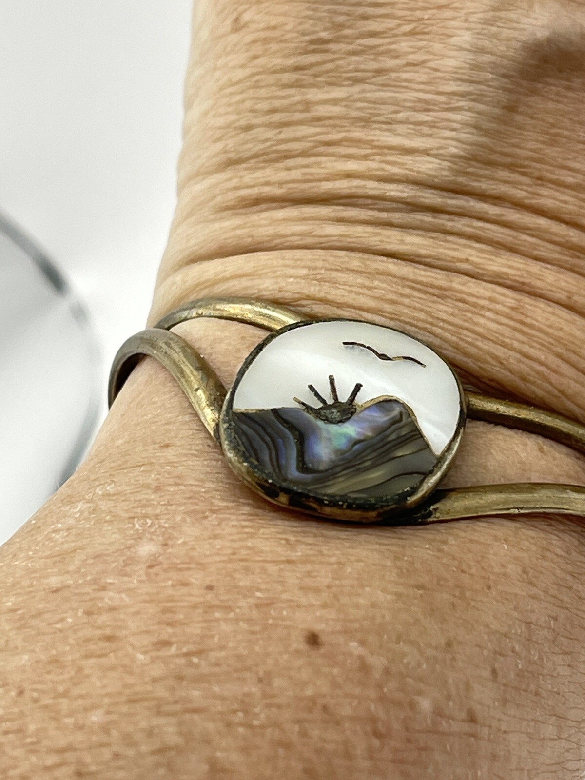 Rustic Artisan Made MOP Abalone Solid Brass Cuff Bracelet Size 6-6.50 Inches
