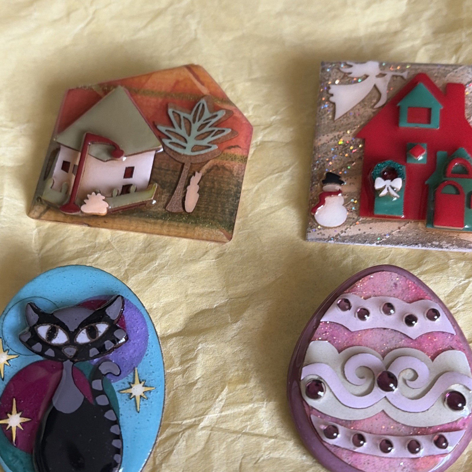 Vintage Lucinda Pin Lot-MCM Retro House-Easter Egg-Cat Pin-Christmas Snowman