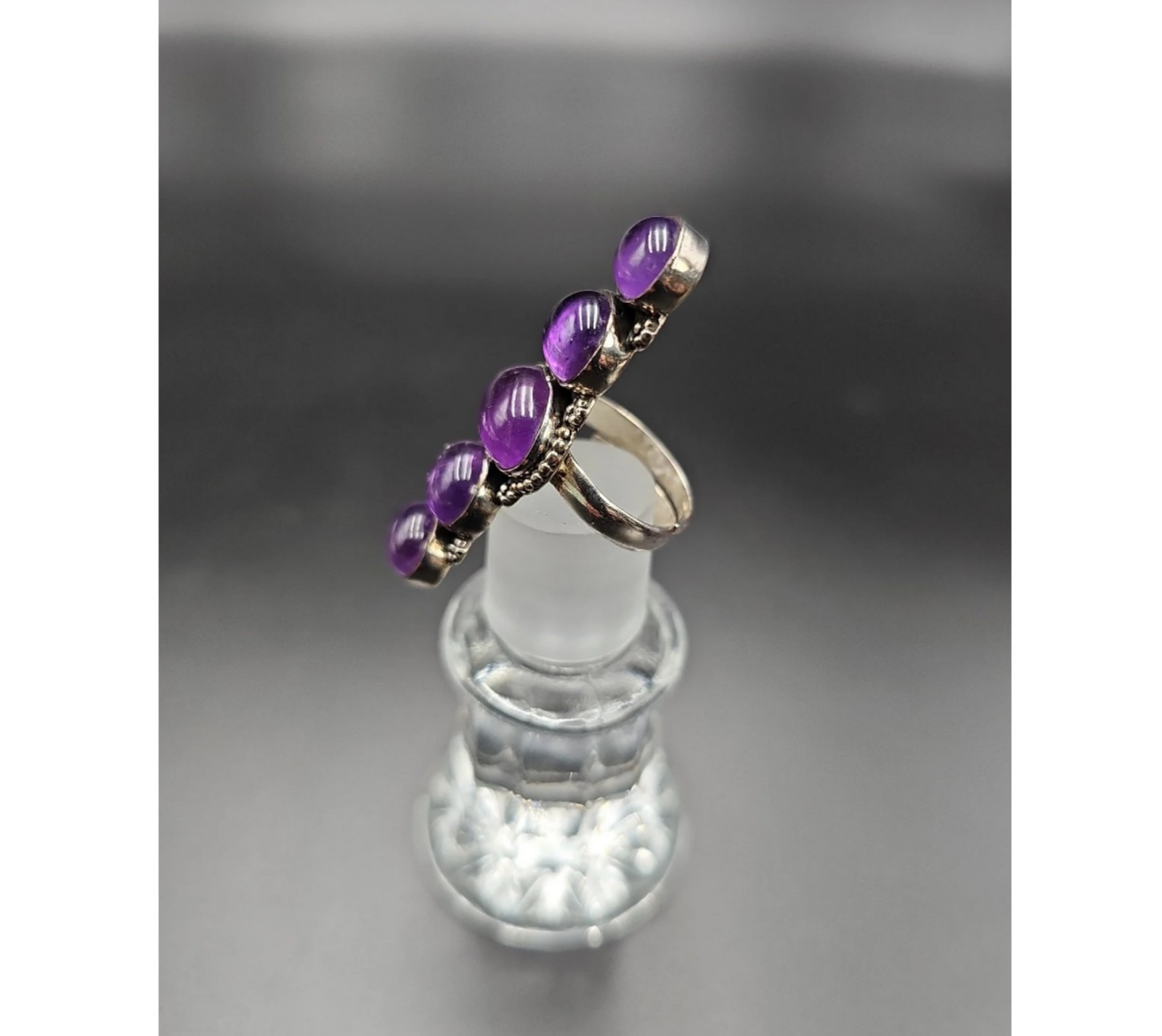Stunning 925 Sterling Silver Five-Stone Amethyst Cabochon Statement Ring