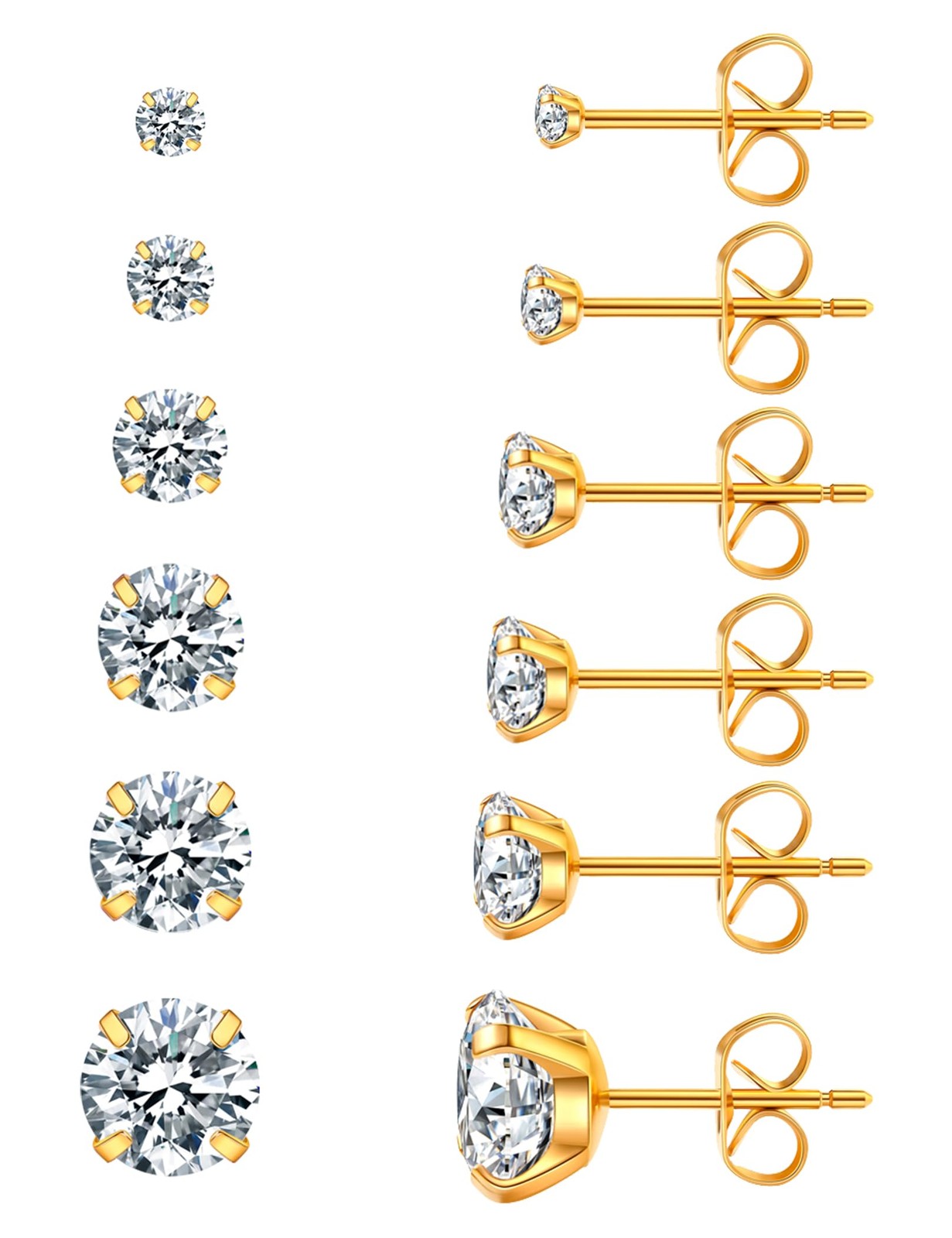6 Pairs Stud Earrings Hypoallergenic 3mm/4mm/5mm/6mm/7mm/8mm, A-002-gold