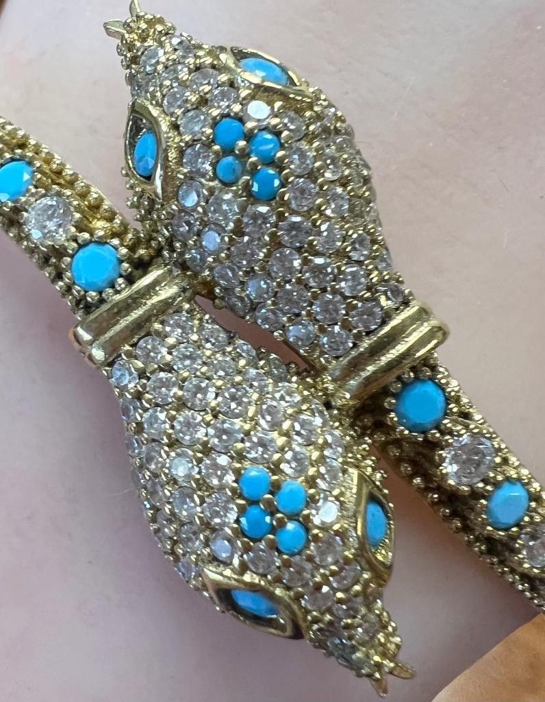 Snake Bracelet REAL Blue Turquoise 14K Gold on SOLID 925 Etruscan Victorian Rev.