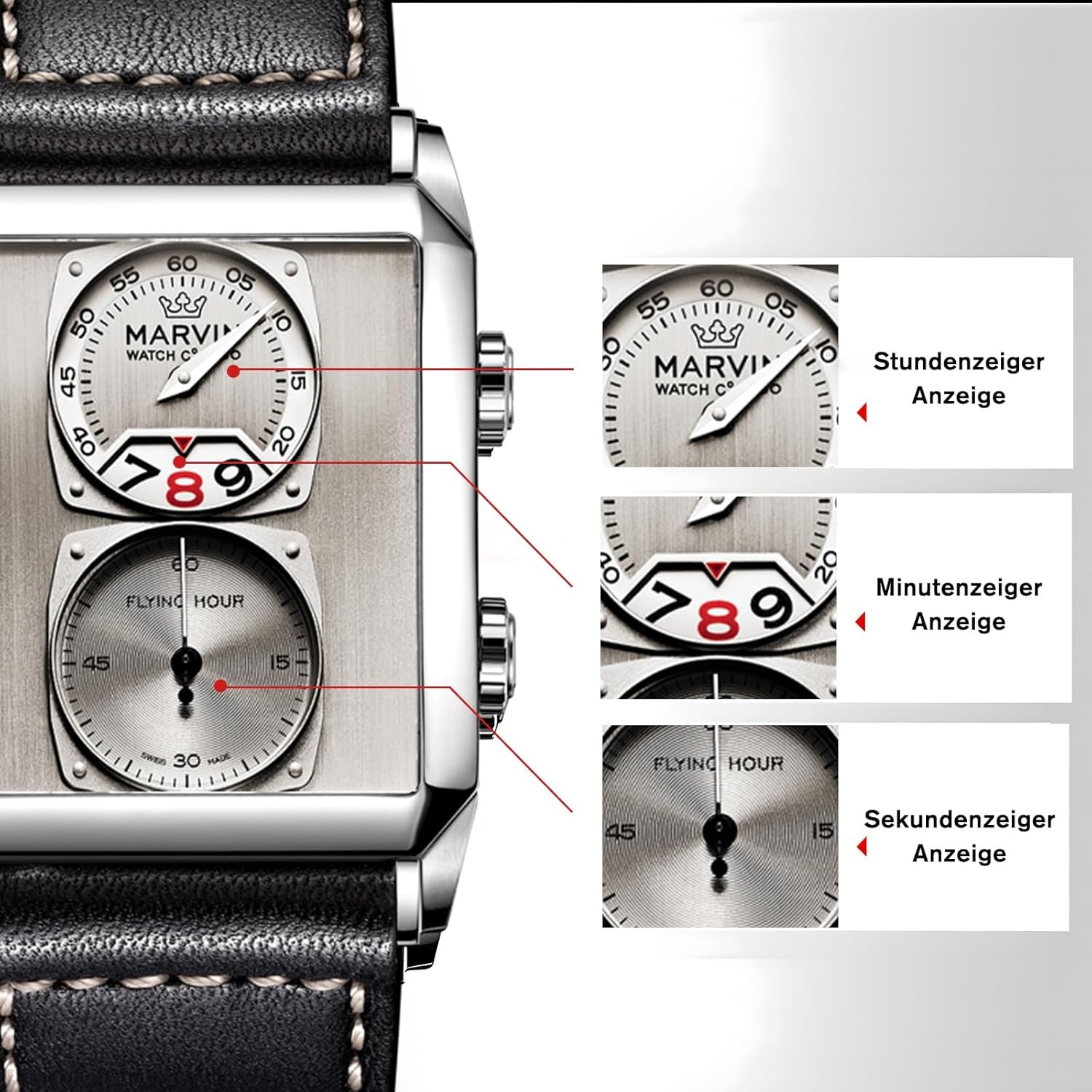 Watches for Men Swiss Mens Watch in Stainless Steel with Leather Strap and Recta
