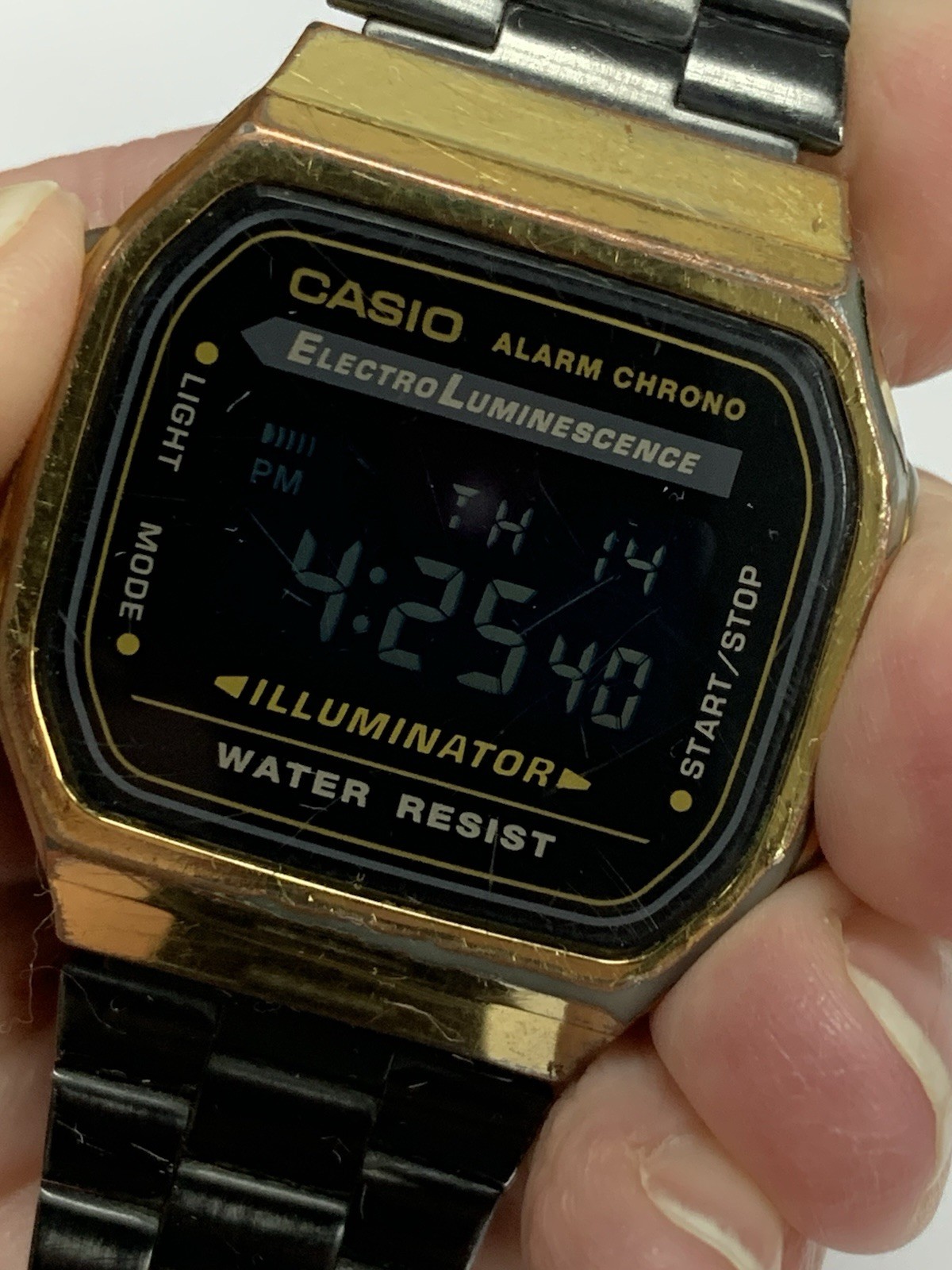 Vintage Casio A168WE Black Gold Tn Digital Watch Illuminator Alarm Chrono Works