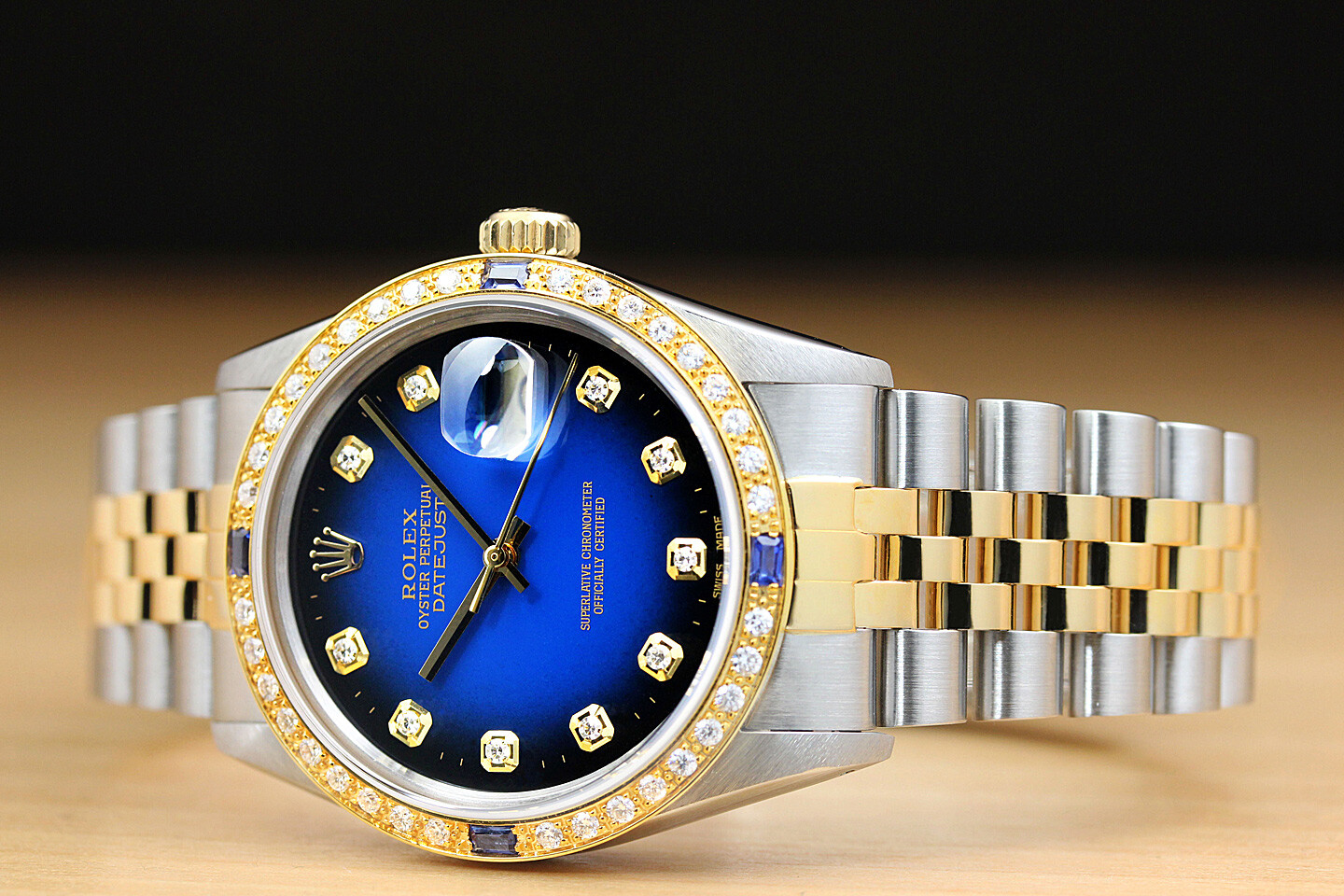 ROLEX MENS DATEJUST BLUE VIGNETTE SAPPHIRE DIAMOND 18K YELLOW GOLD & STEEL WATCH