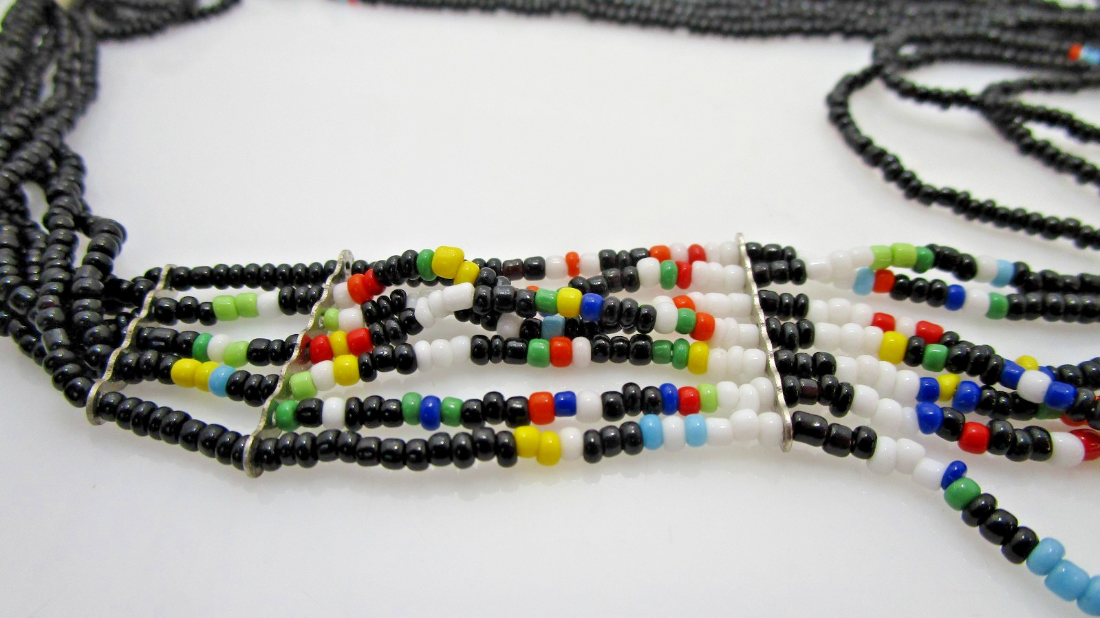 Southwestern 7 Stand Micro Multi Color Black Seed Bead Boho Necklace 28″
