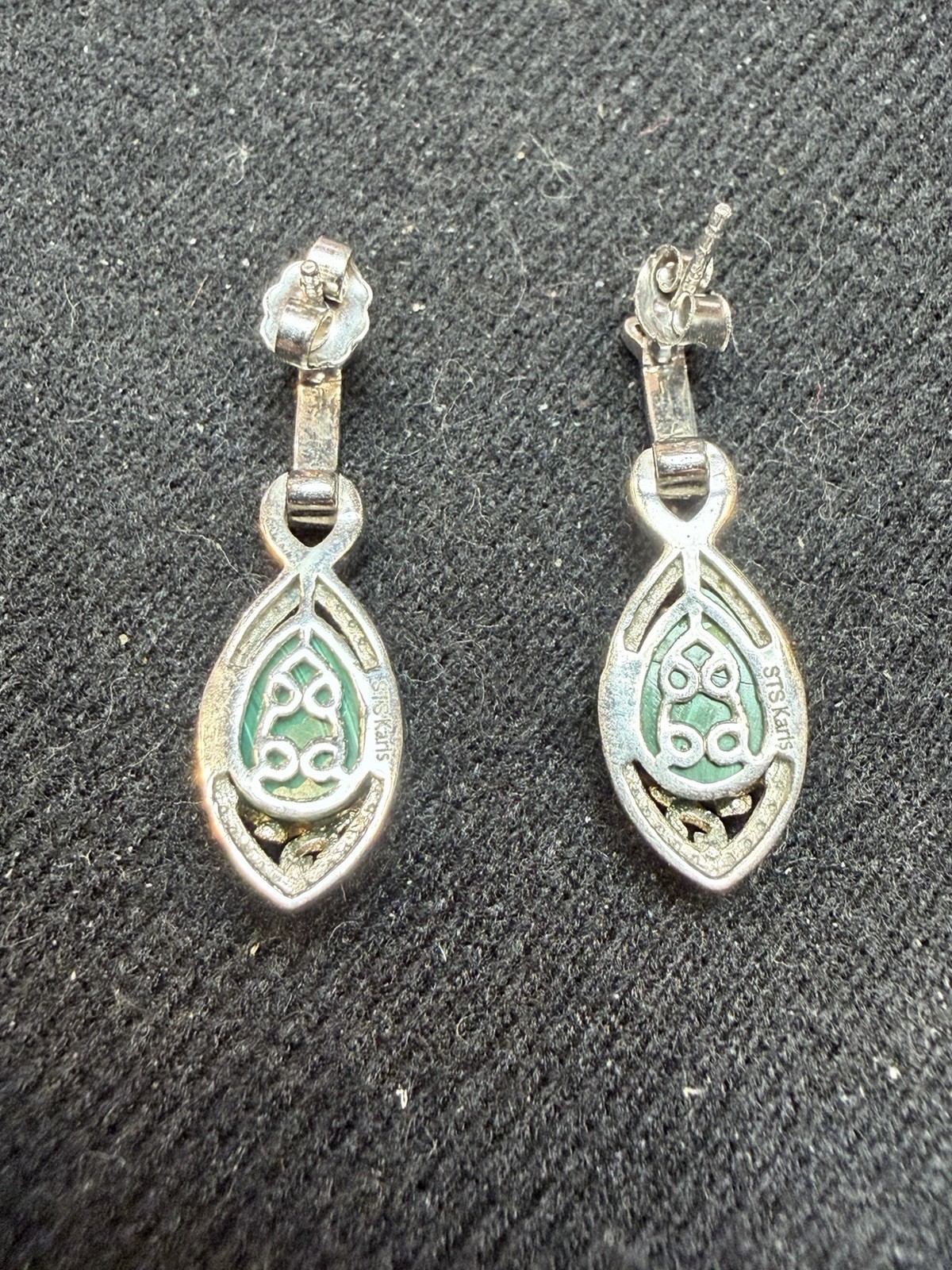 STS Karis Sterling Silver Malachite Drop Earrings Vintage