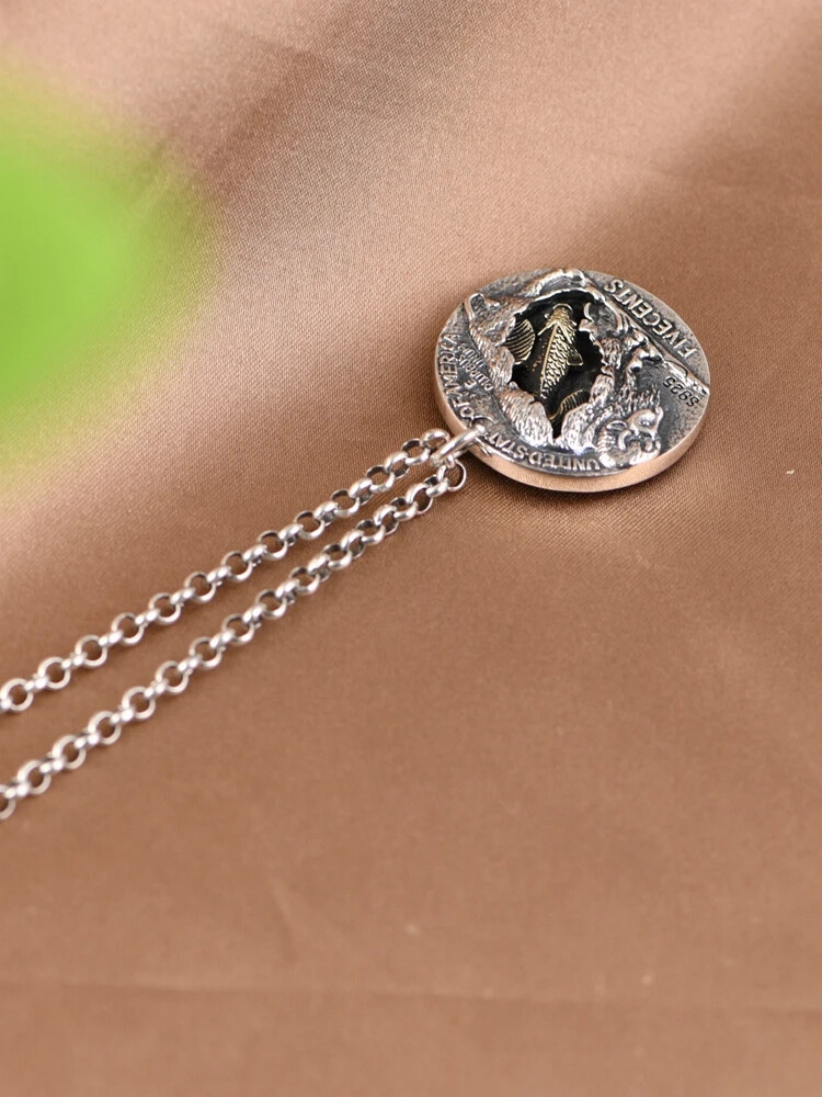 S925 Sterling Silver Indian Skull Headdress with Gold Fish Ball Charm Pendant