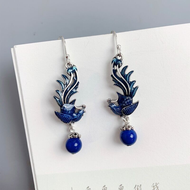 925 Silver Plated Cloisonne Phoenix Earrings Tassel Dangle Drop Vintage Gift