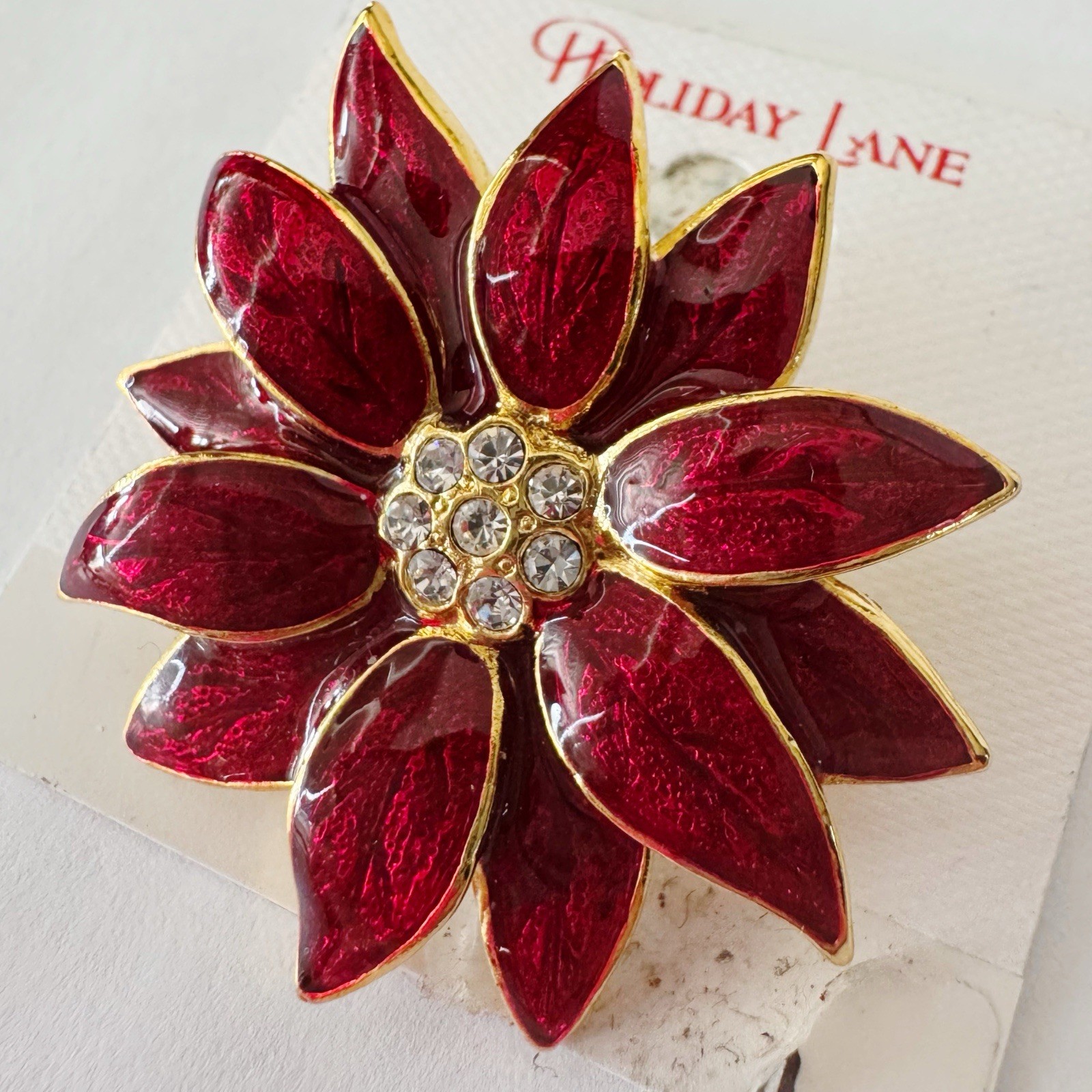 Holiday Lane Red Enamel Poinsettia Christmas Brooch Gold Tone Rhinestone Pin NWT