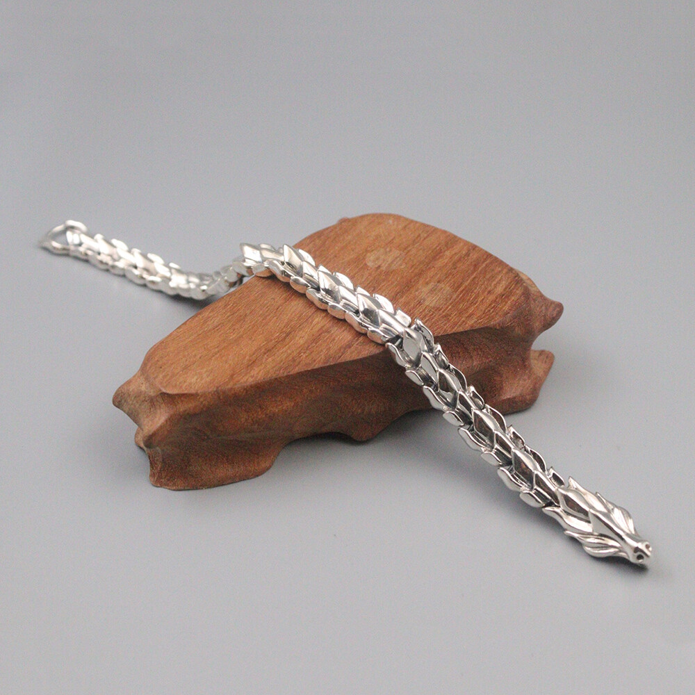 Solid S925 Sterling Silver Chain Men 11mm Dragon Bone Link Bracelet 60-61g 7.9in