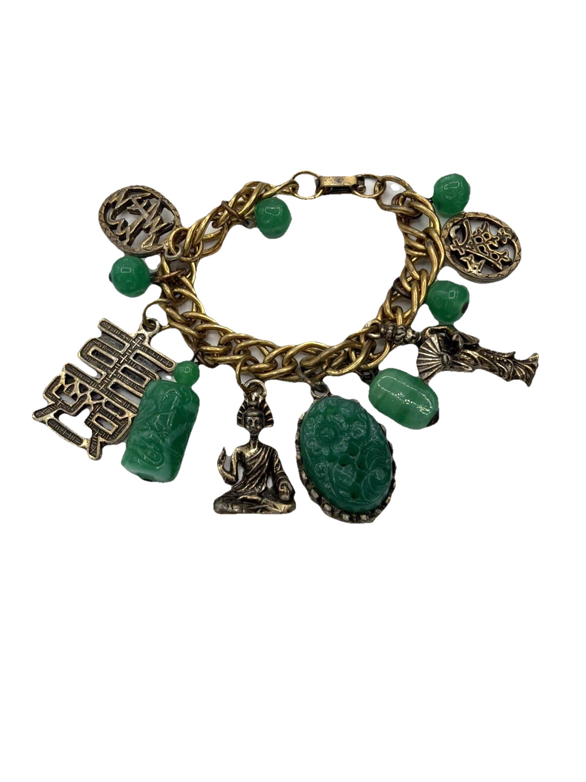Vintage Gold Tone FOB Bracelet Green Carved Stone Jade‑Style Charms Asian Motif