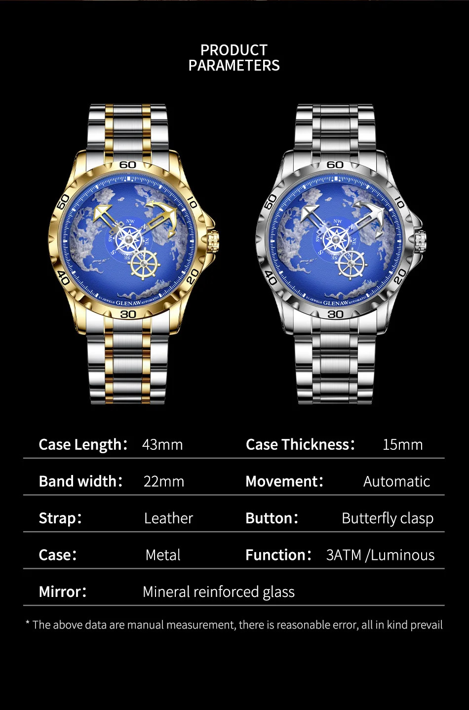 New Design Men Watches Nautical Series Traveler Stainless Steel Glowing Watch