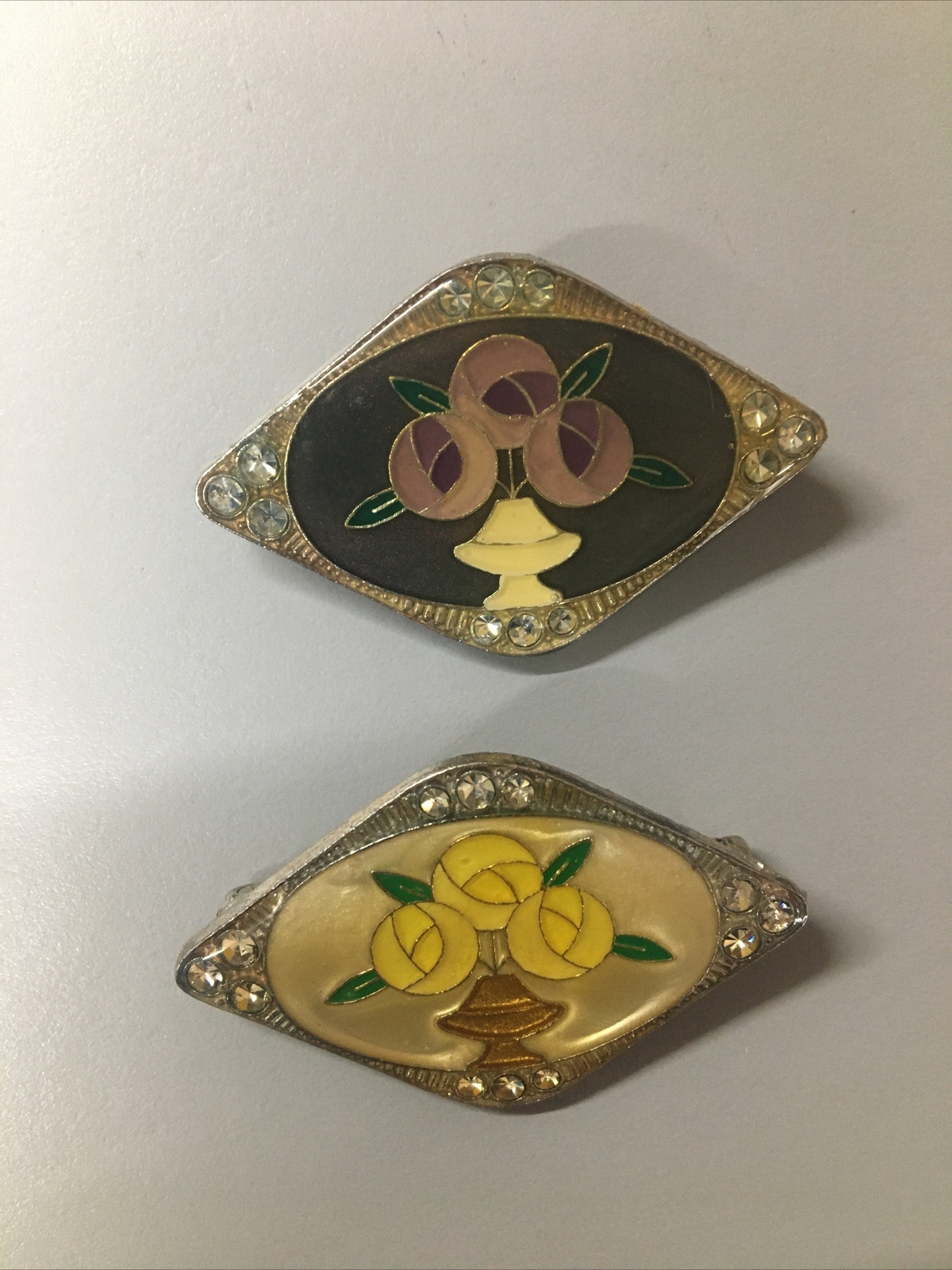 2 Vtg JCF Ferrara Co. Rose Brooch Pins Pewter Cloisonné Enameled Rhinestones