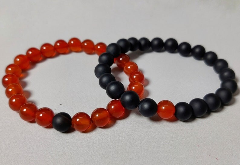 A++ Dainty Black & Red Onyx Smooth Round Gemstone Beaded Cupels Bracelets 6-8”