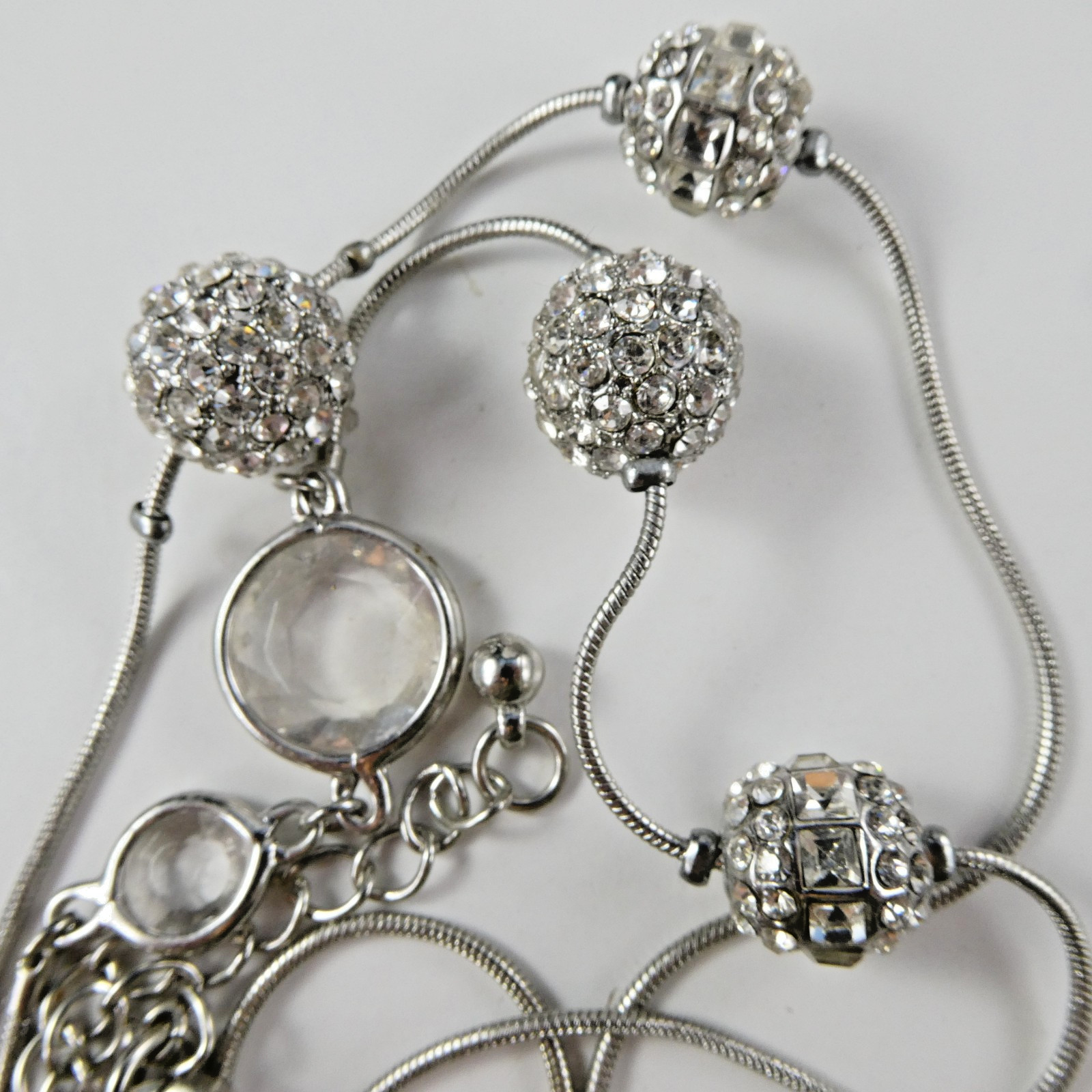 Pretty CHICO’S Silver Tone Crystal Rhinestone Ball Bead Long Strand Necklace
