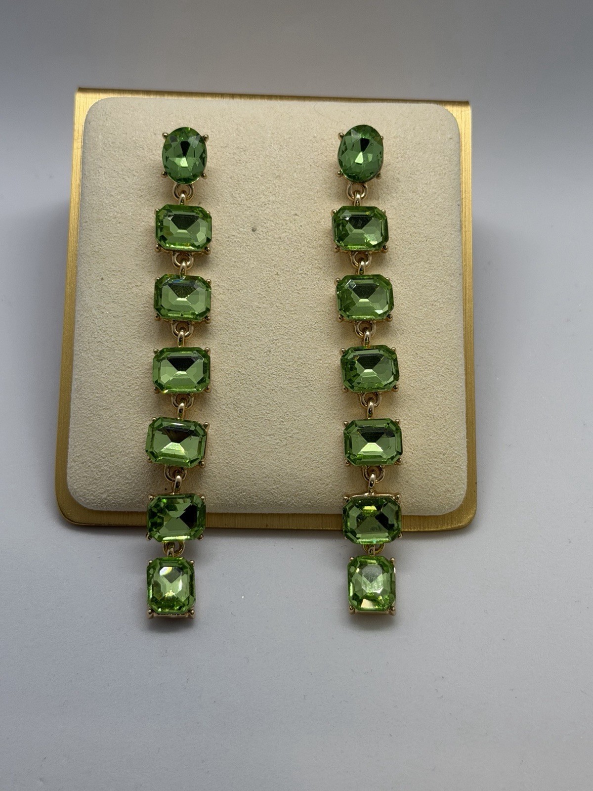 Green Crystal Rectangle Dangle Drop Earrings Gold Tone Prong Set 3.75 in