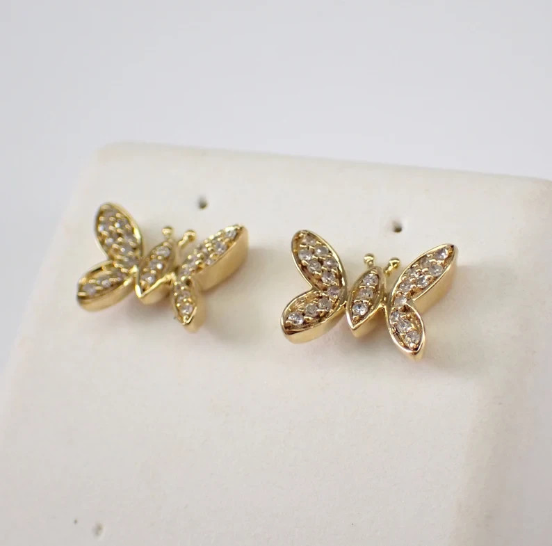 1.60Ct Round Cut Real Moissanite Butterfly Stud Earrings 14K Yellow Gold Plated