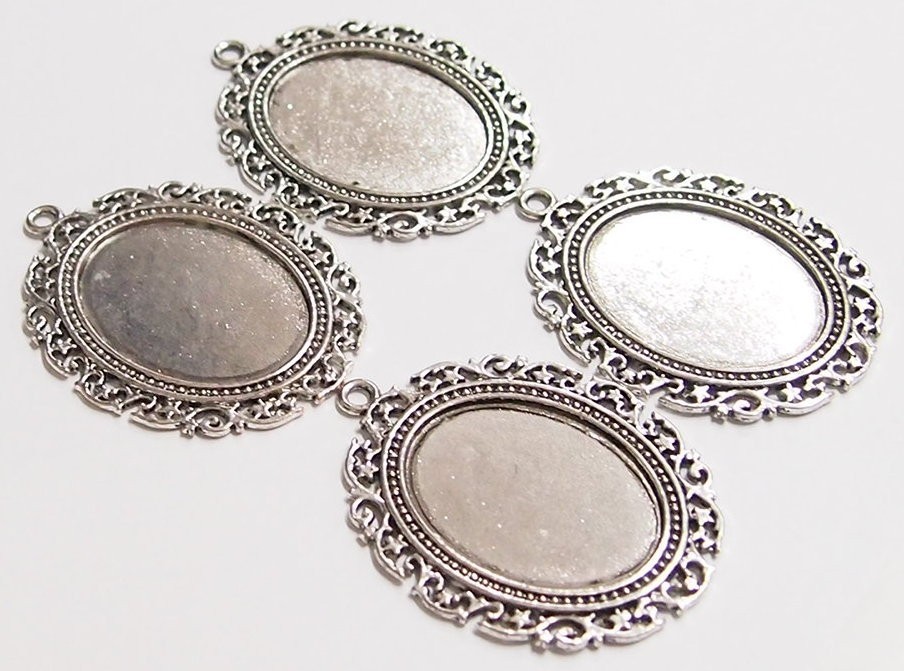 4 of 40x30mm Antique Silver Victorian Floral & Stars Pendant Settings 64x48mm