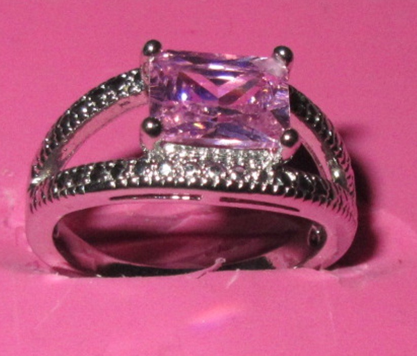 Silver Ring Women Lg Square Pink & White CZ Cubic Zirconia New Size 7 Simulated