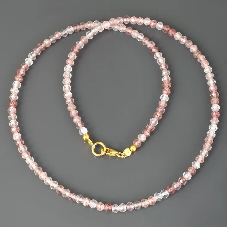 Handmade Natural Strawberry Quartz 4mm Round Beaded Necklace 925 Sterling Silver