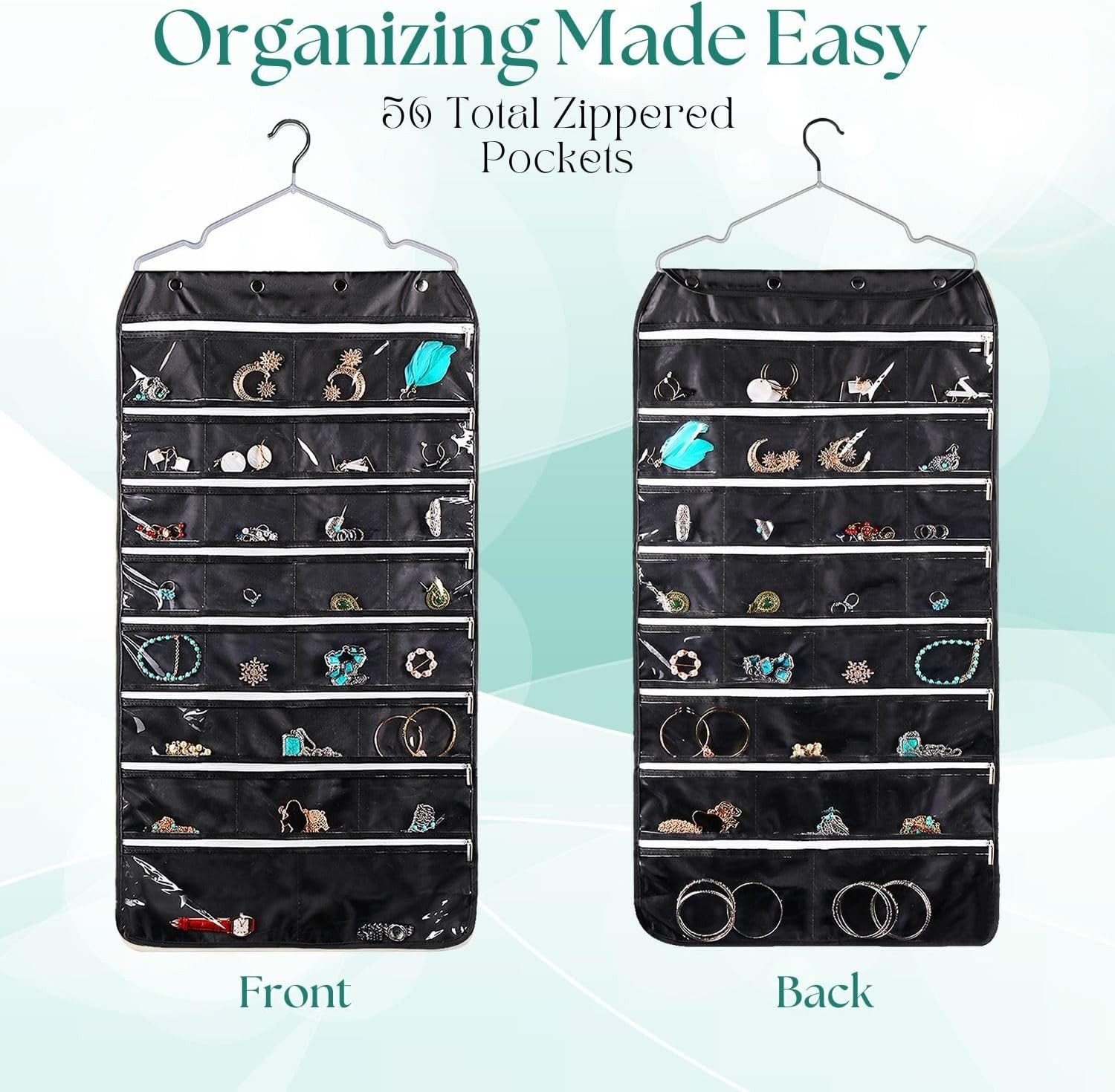 Hanging Jewelry Organizer with Zippered Pockets – (1 Pack) Black Closet Jewelry