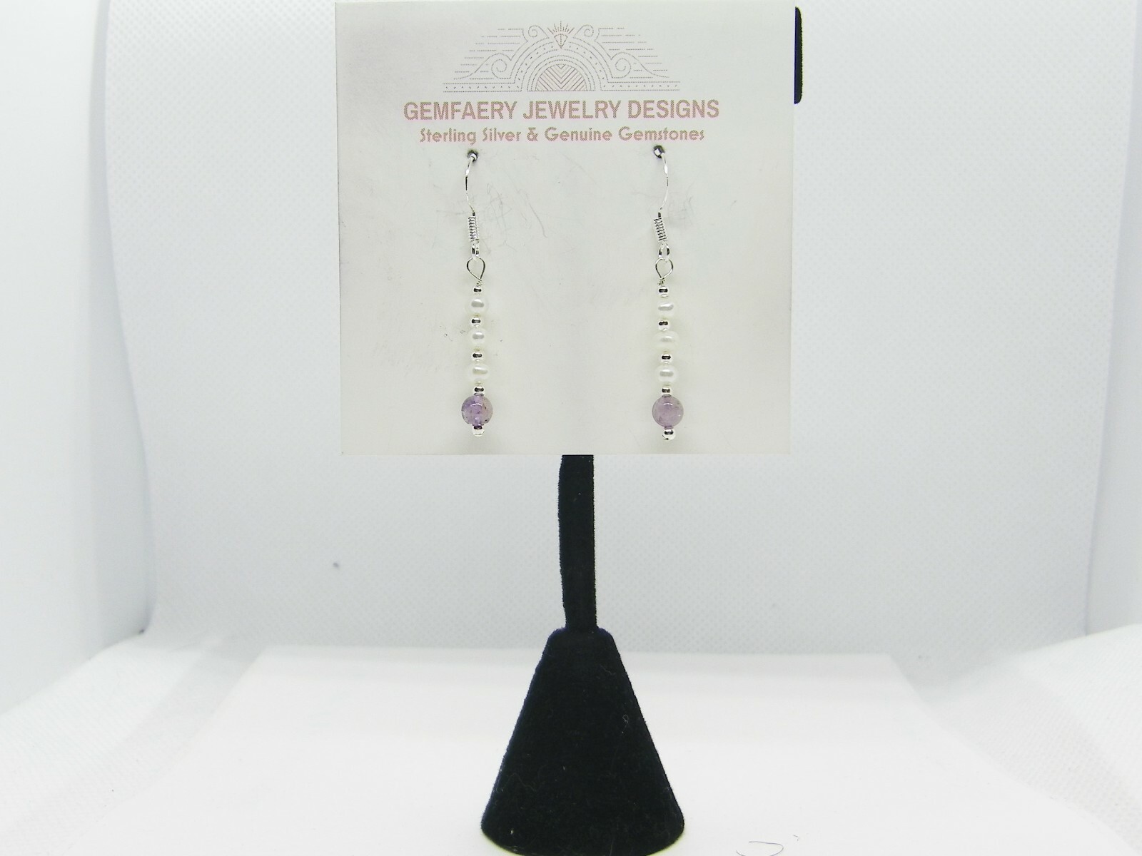 Sterling Silver Natural AMETHYST & PEARL Dangle Earrings #2401…Handmade USA