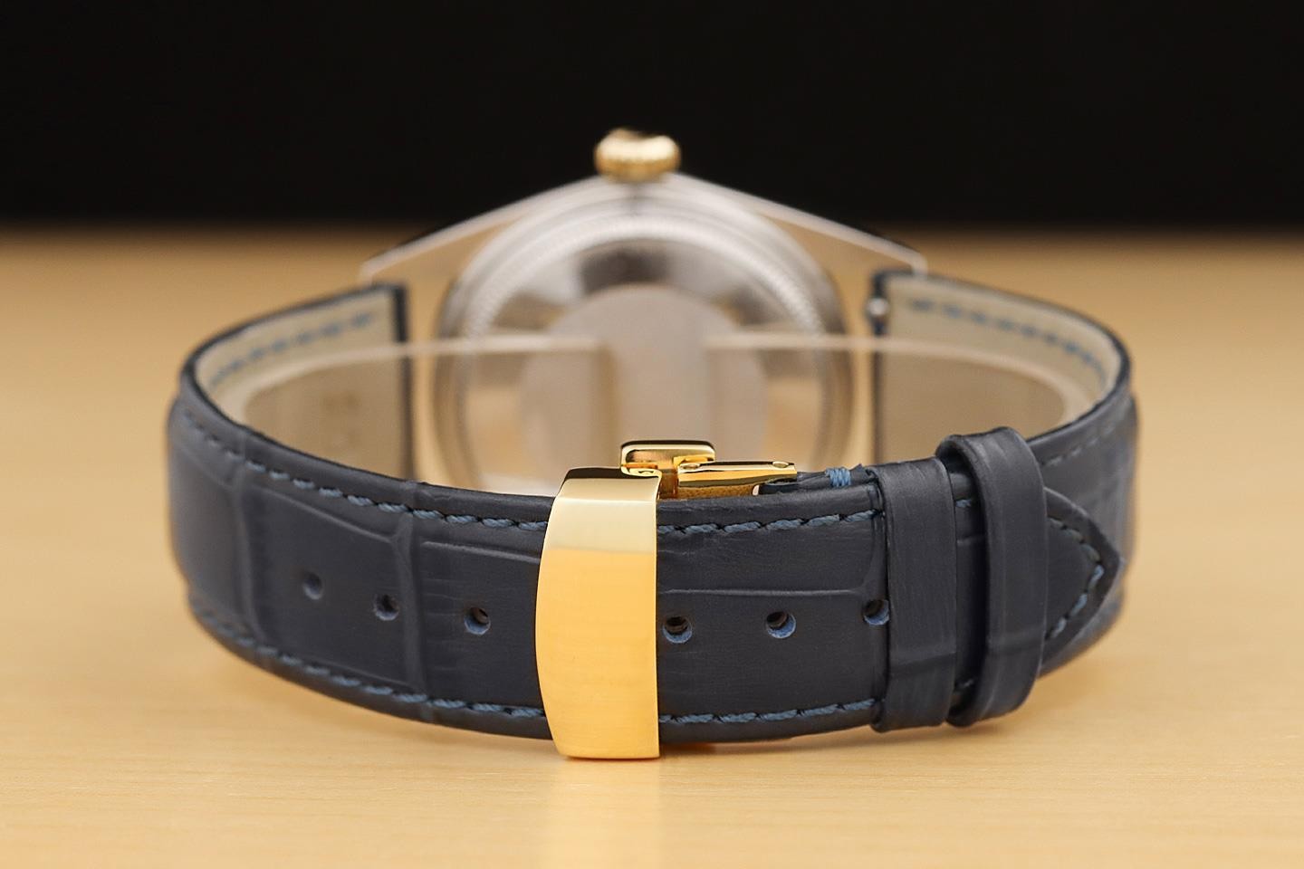 ROLEX DATEJUST 1601 14K YELLOW GOLD STEEL CHAMPAGNE DIAL BLUE LEATHER BAND WATCH