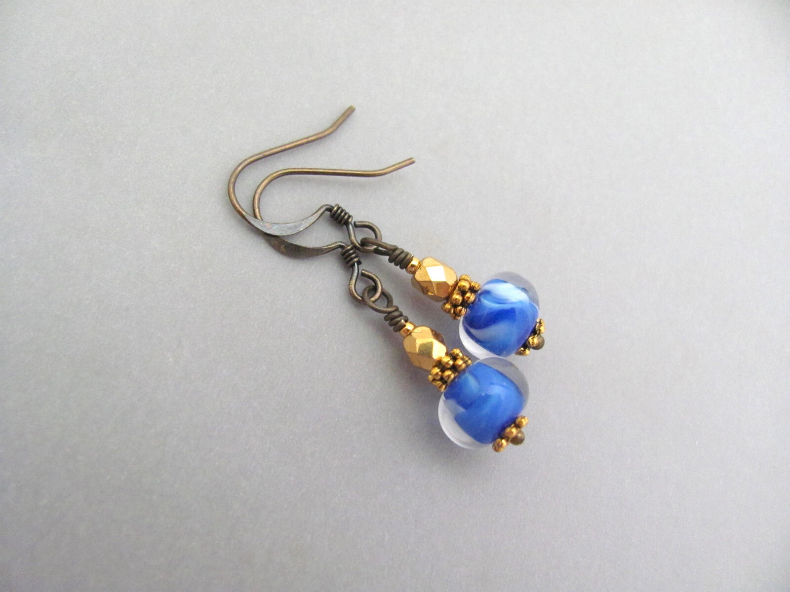 Blue White Earrings Lampwork Glass Antiqued Brass Dainty Boho Chic