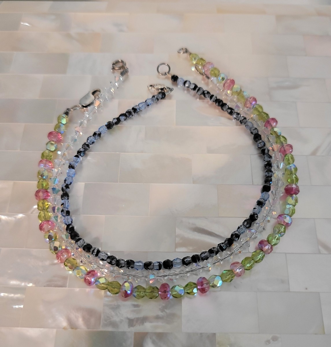 Lot of 3 925 Silver Crystal Beaded Ankle Bracelets 9-9.5″ long