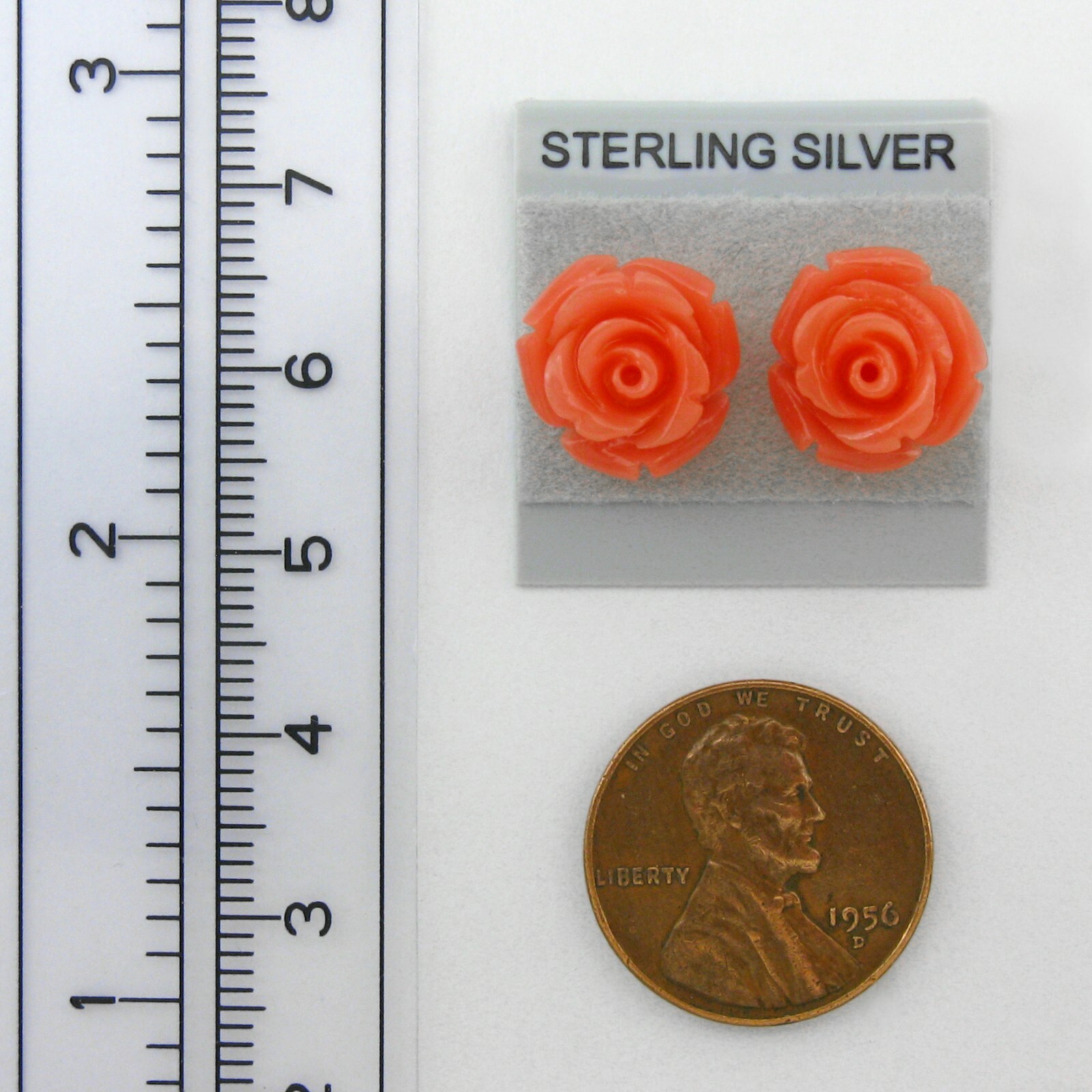 11mm “Coral Red” Rose Earrings in SOLID Sterling Silver – LOWER PRICE!