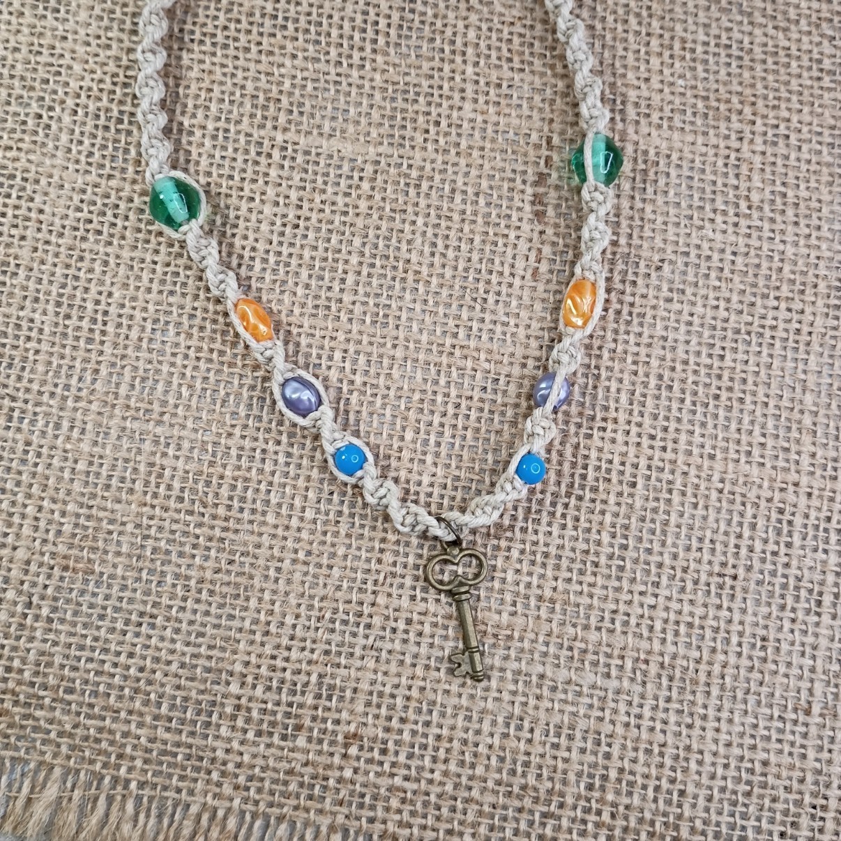 New Natural Hemp Necklace W/ Key Charm & Mixed Beads 16-20 in Macrame, Handmade