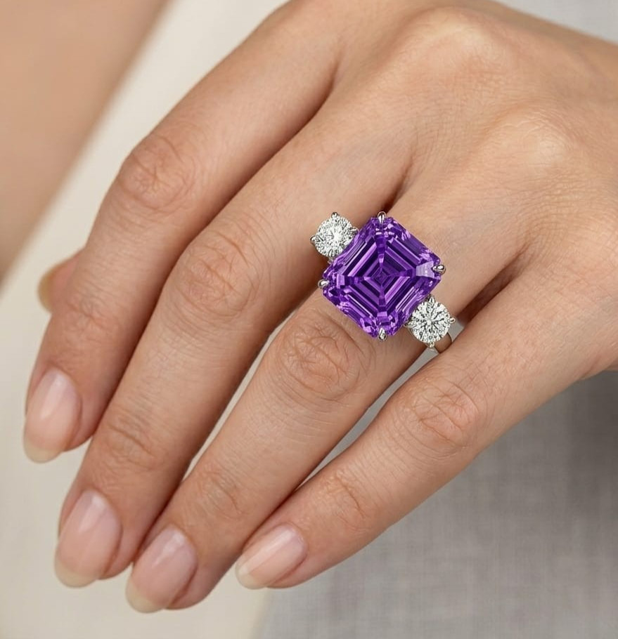 10.80 Ct Certified Asscher Purple Natural Diamond Ring VVS1 White Gold Finish