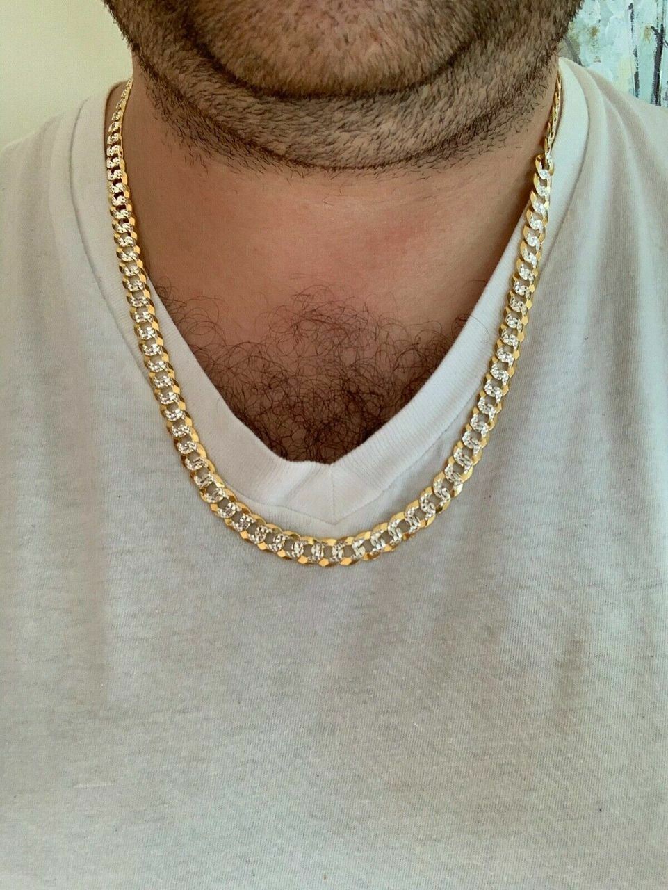 Mens Diamond Cut 8mm Cuban Chain 14k Gold Plated Solid 925 Silver Two Tone ITALY