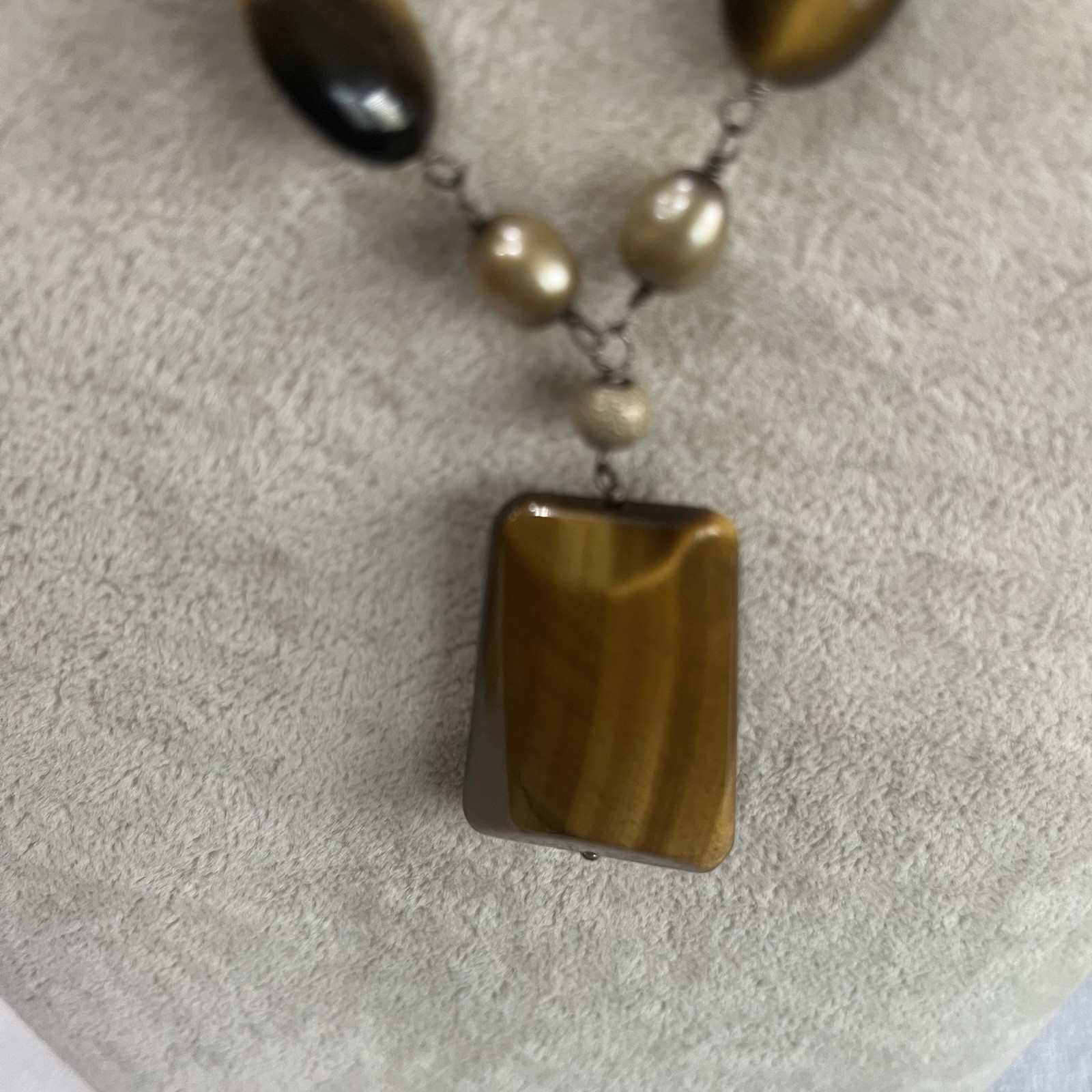 Tiger Eye Pendant Necklace Freshwater Pearl Sterling Silver 925 Statement Toggle