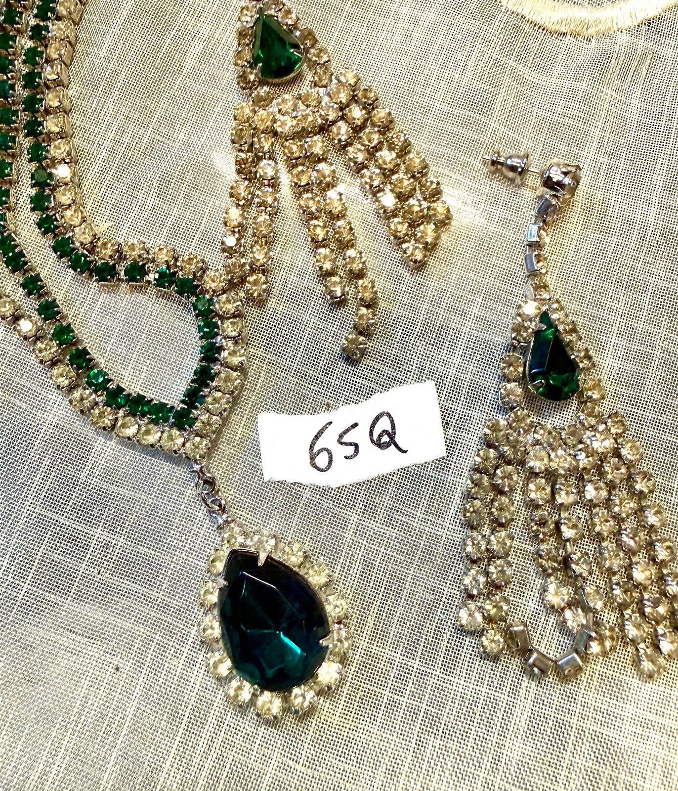 Vintage Emerald Green Rhinestone Necklace Earrings Set Chandelier