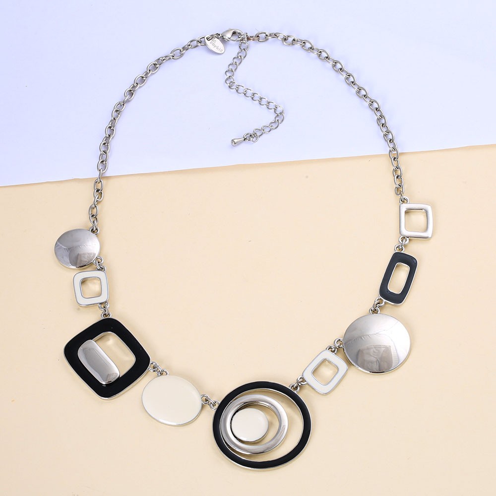 Short Bib Choker Hand Enamel Black White Geometric Alloy Rhodium Plated Necklace