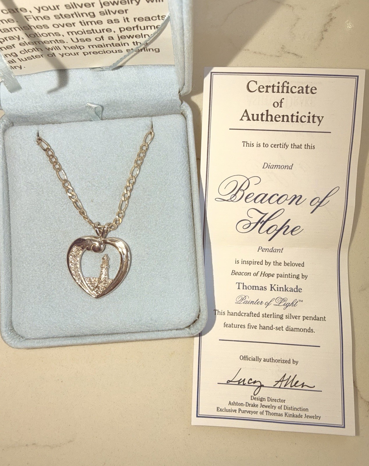 Thomas Kinkade Beacon of Hope Sterling Diamond Lighthouse Heart Pendant Necklace