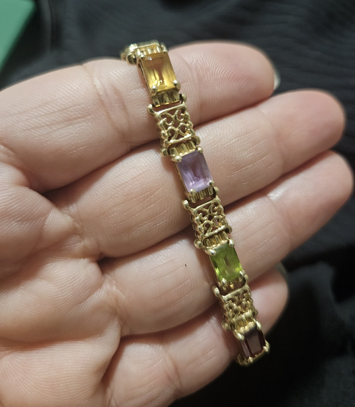 Gold Tone Link Bracelet, Multicolor Rectangular Stones, Fold Over Closure