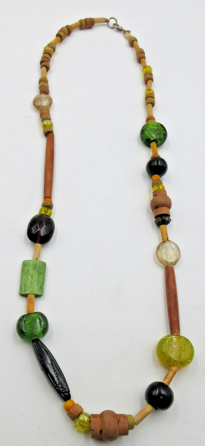VTG UNUSUAL 33″ long green blue brown silver tone bead strand wood Necklace