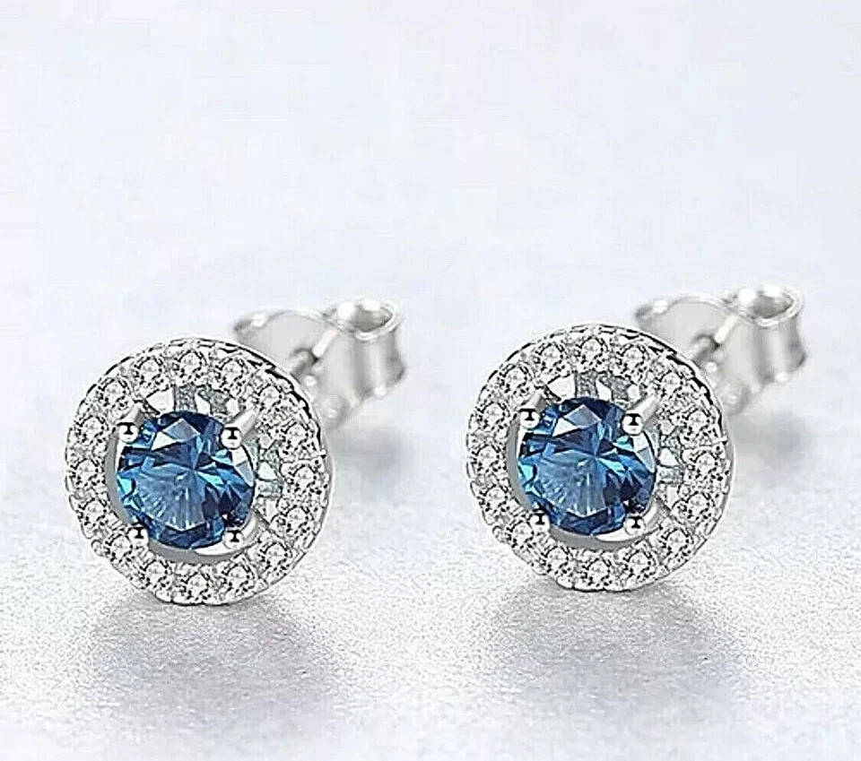 Round Cut Lab Created Blue Sapphire Women’s Stud Earrings 14k White Gold Plated