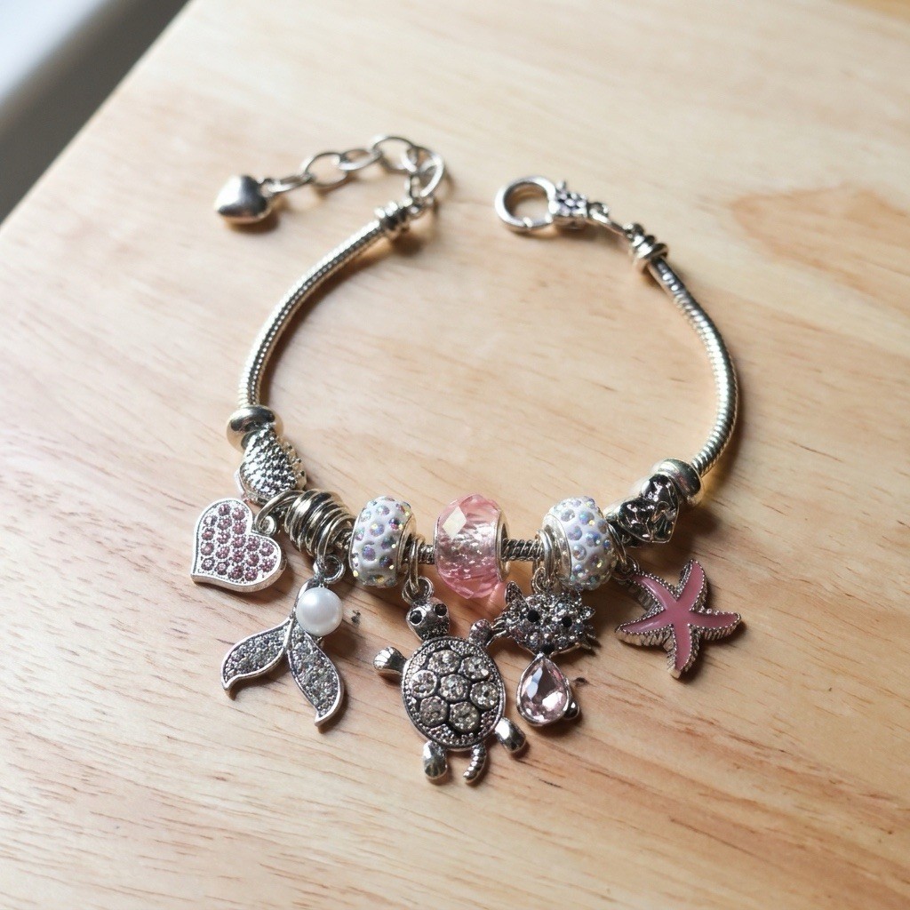NEW Silver-Tone Snake Chain Charm Bracelet Pink Crystal Beads Sea Life Theme