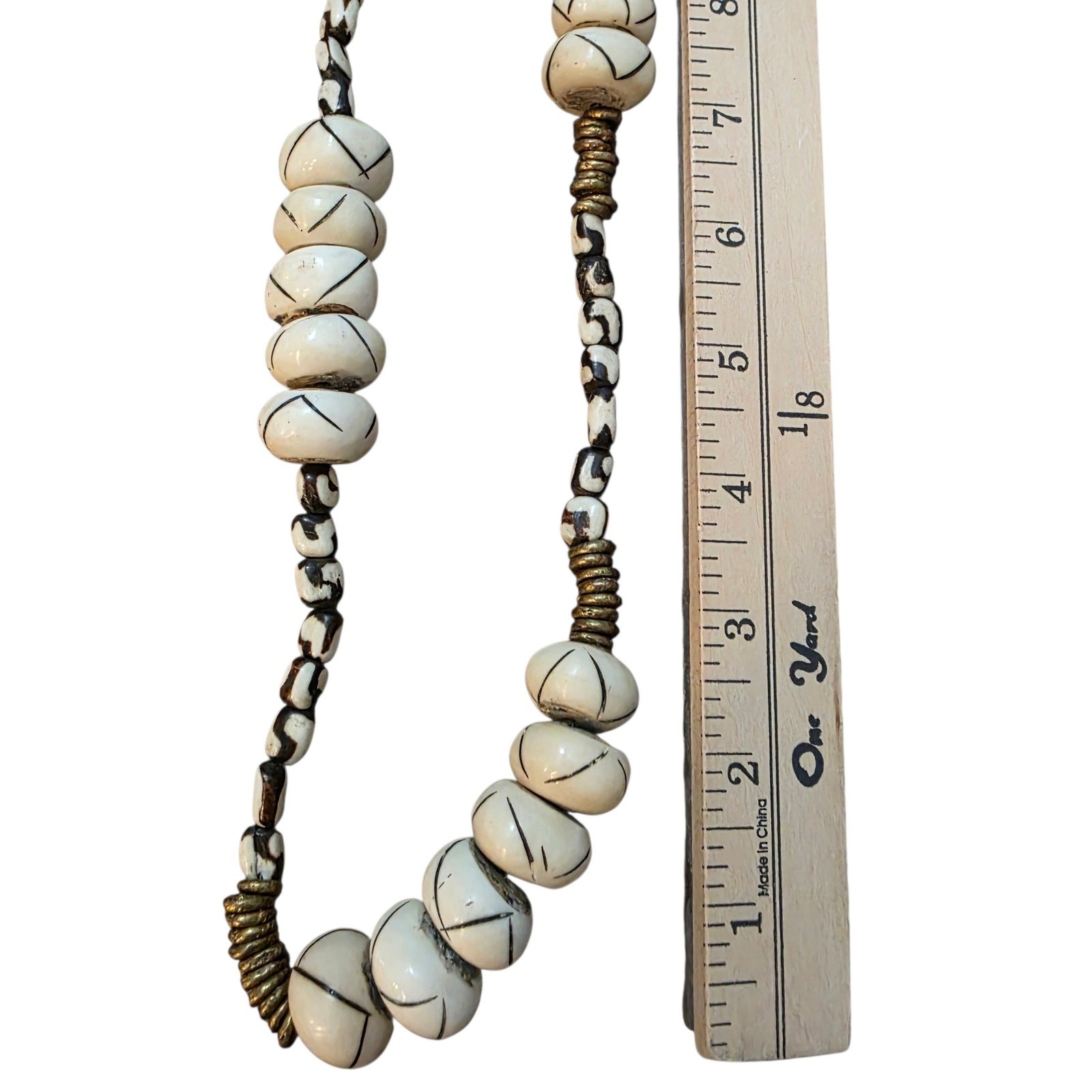 Unique Statement Necklace Cream White Beads Black Patterned Cord Boho