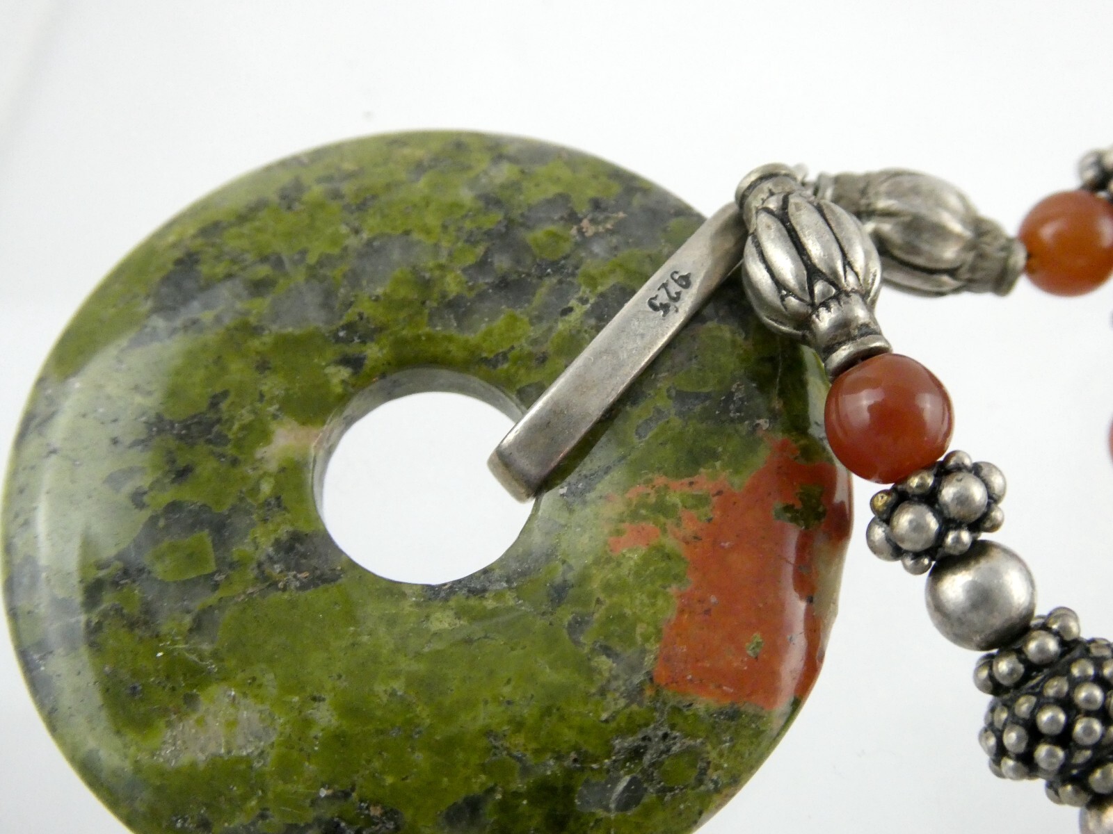 Sterling Silver Unakite Carnelian Double Strand Pendant Necklace 925 44.5g 15 In