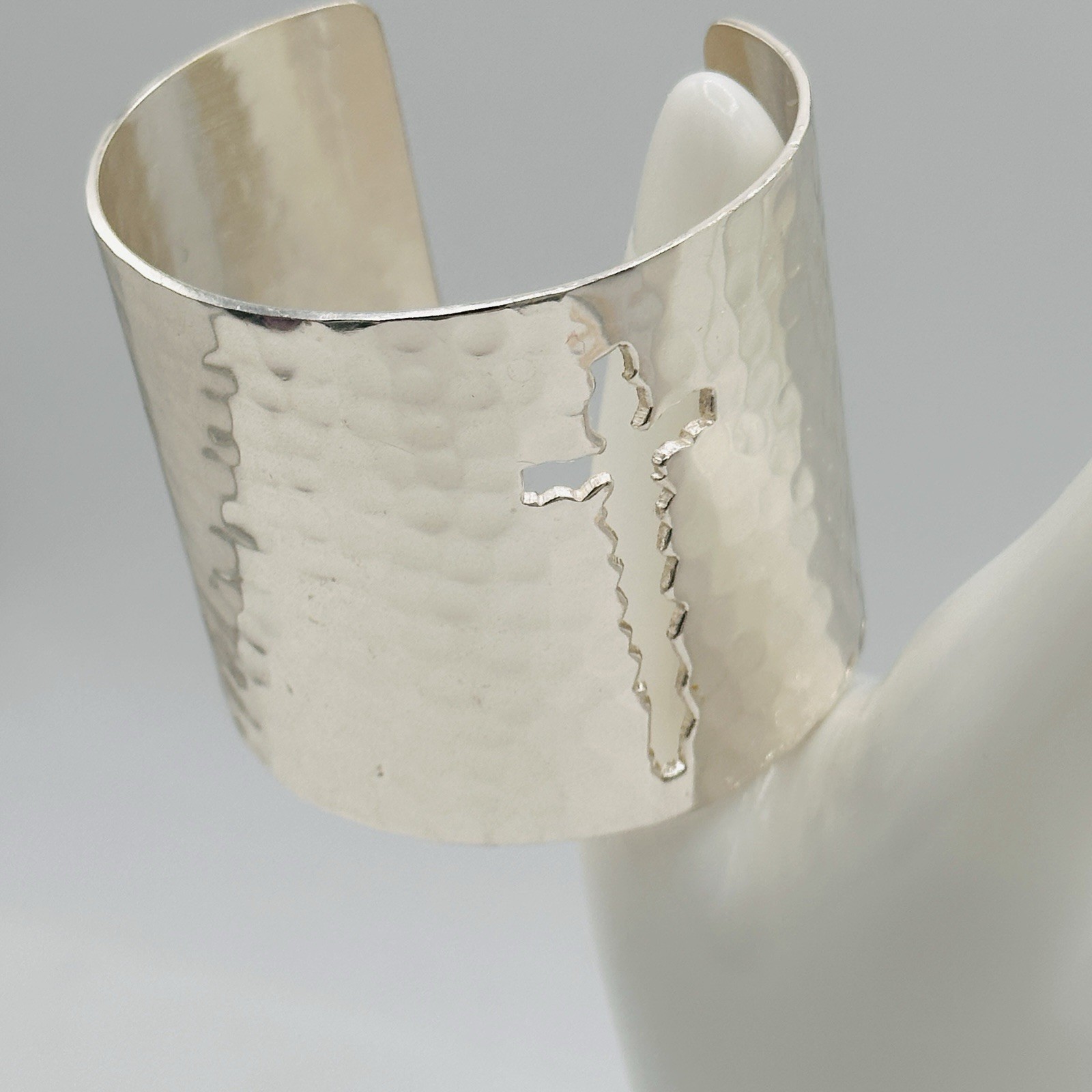 Rustic Cuff Wide Hammered Cross Cutout Silver Tone Statement Cuff Bracelet
