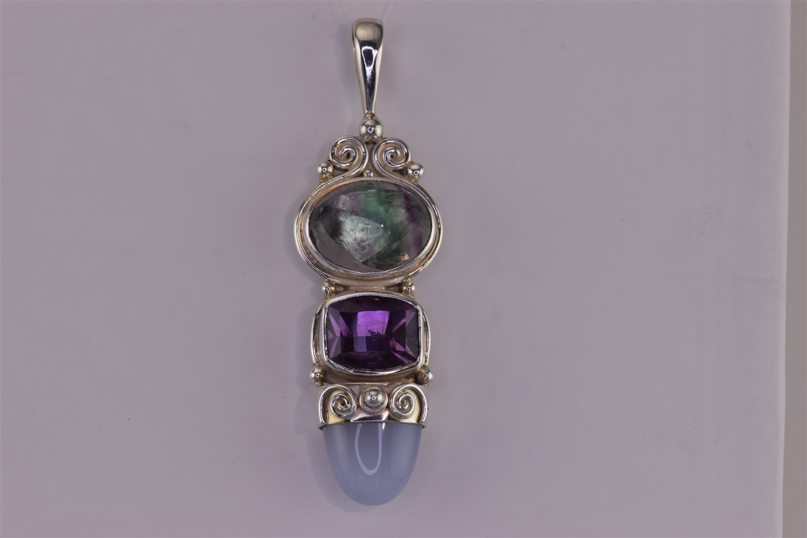 SAJEN Sterling Silver 63mmx 18mm Fluorite Amethyst Quartz Statement 925 Pendant