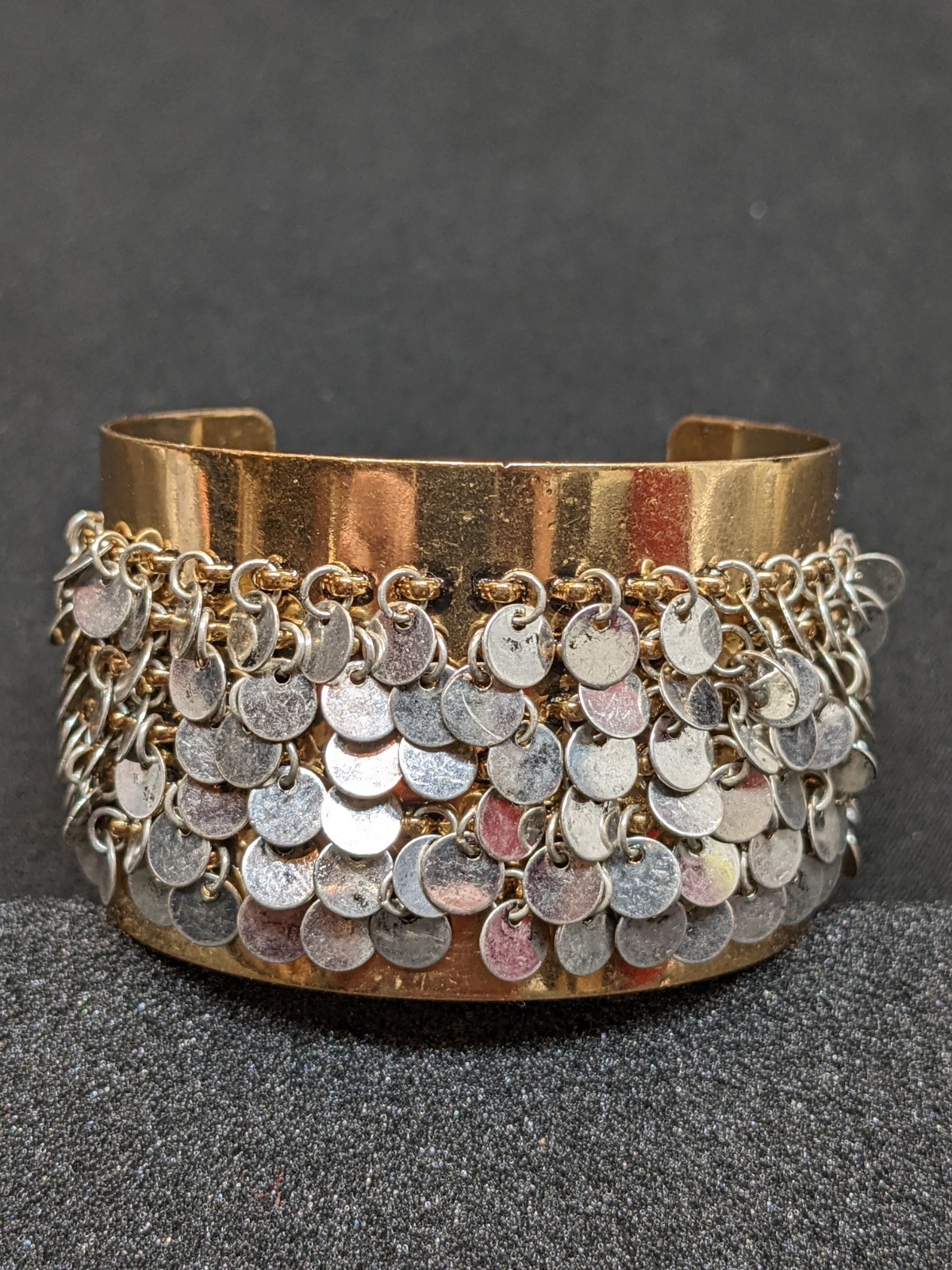 Zara Gold & Silver Tone Wide Cuff Bracelet Silver Disc Fringe Statement 7.0″ New