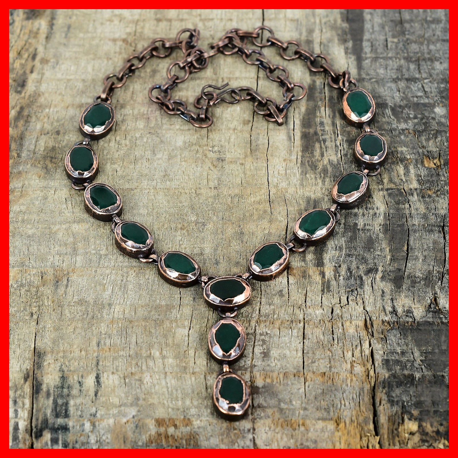 Oval Natural Zambian Emrald Copper Electroformed Chain Art Deco Elegant Necklace