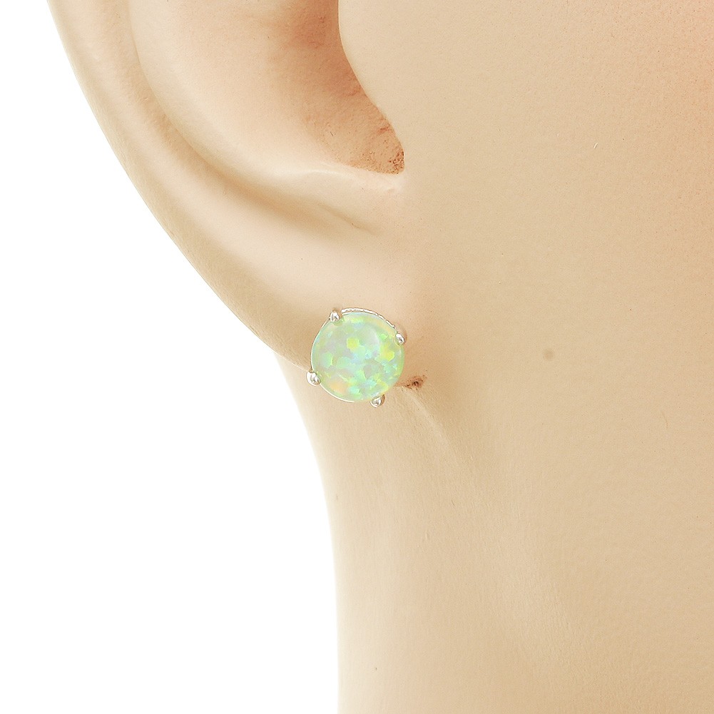 8mm Round Kiwi Green Fire Opal Cabochon Silver Jewelry Simple Stud Earrings